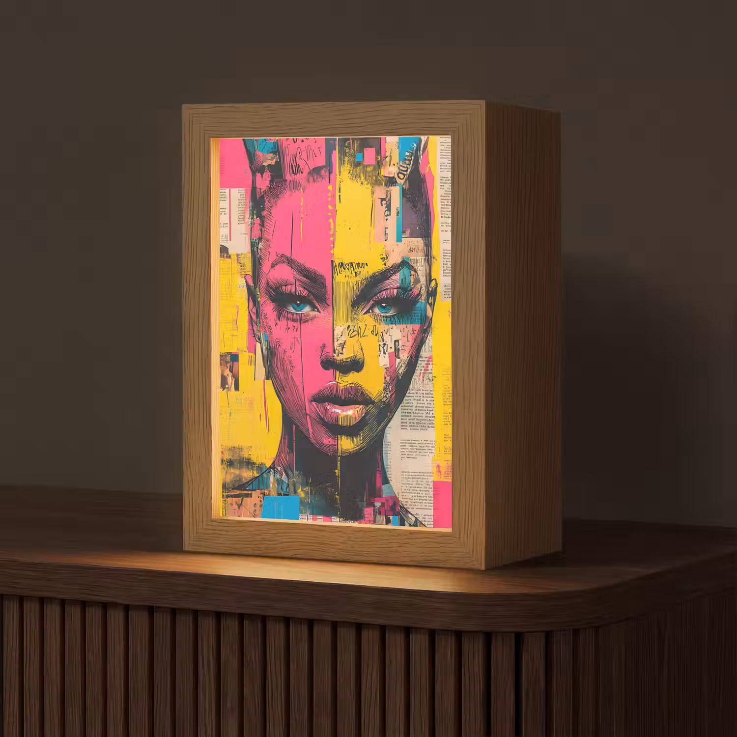 Vrouwengezicht - Krantenpapier - Abstract - Roze Light Box met kabel (Tafellamp) klein -z3d_website