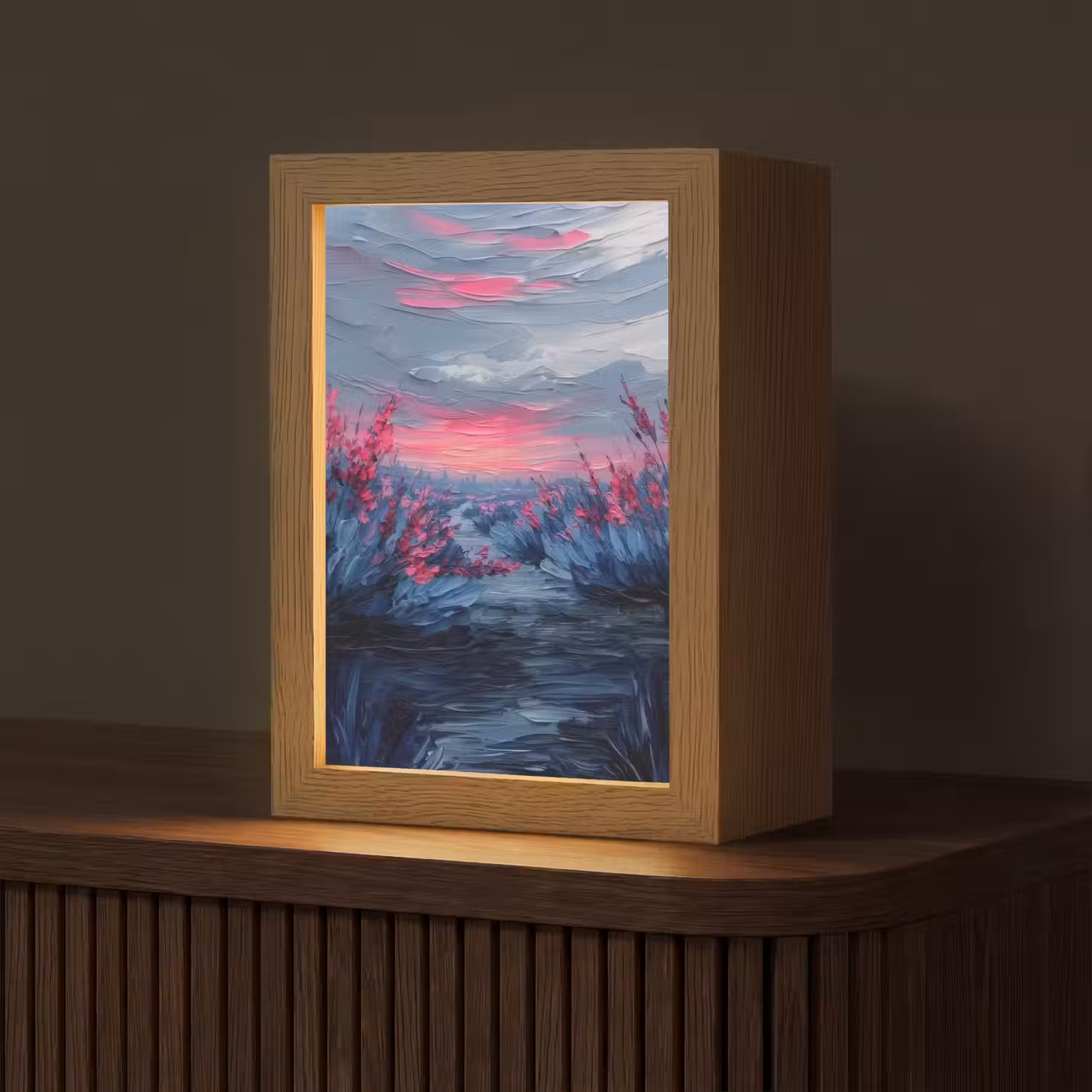 Schilderij - Zonsondergang - Bloemen - Rivier Light Box met kabel (Tafellamp) klein -z3d_website