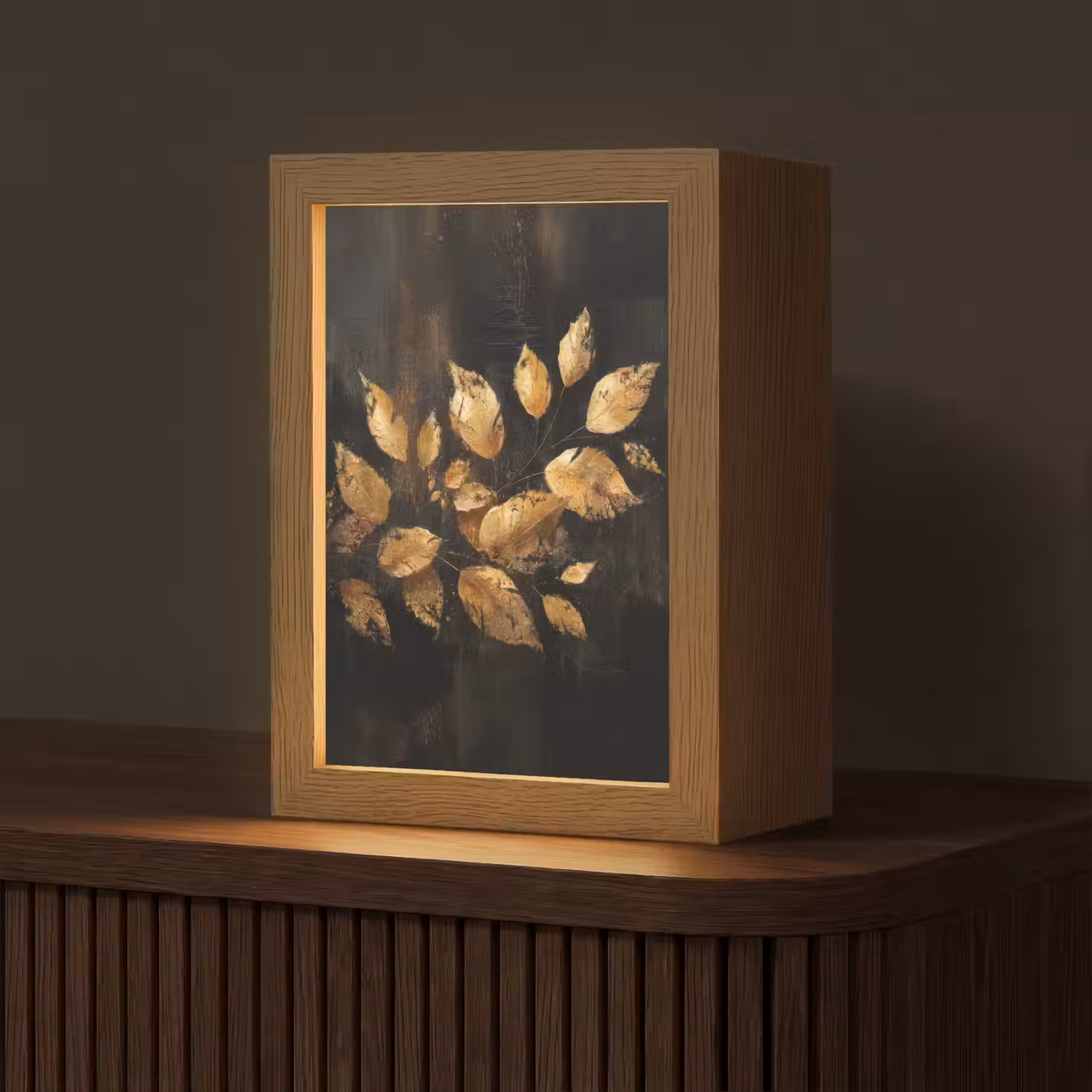 Gouden Bladeren op Donkere Achtergrond Light Box met kabel (Tafellamp) klein -z3d_website