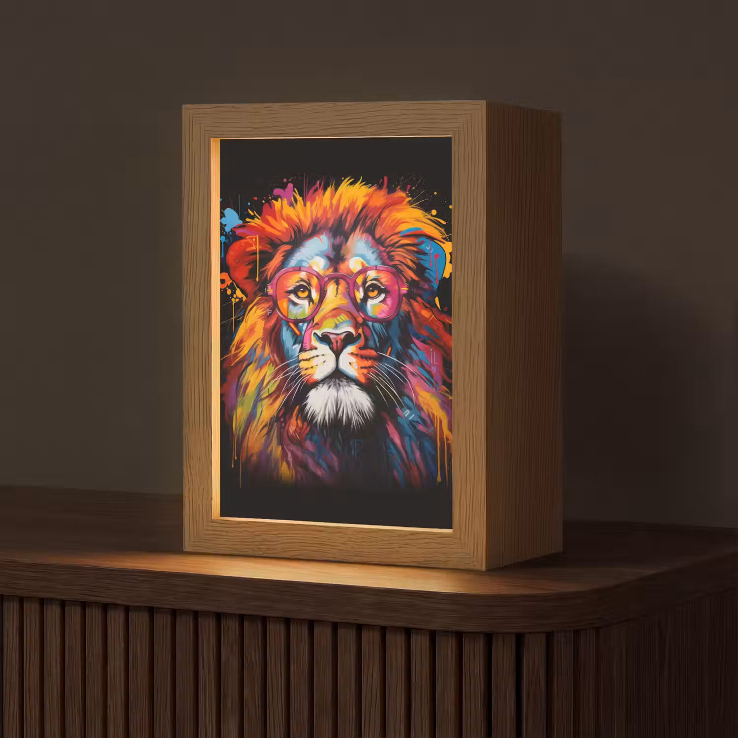 Graffiti - Leeuw - Bril - Zwart - Kleurrijk Light Box met kabel (Tafellamp) klein -z3d_website