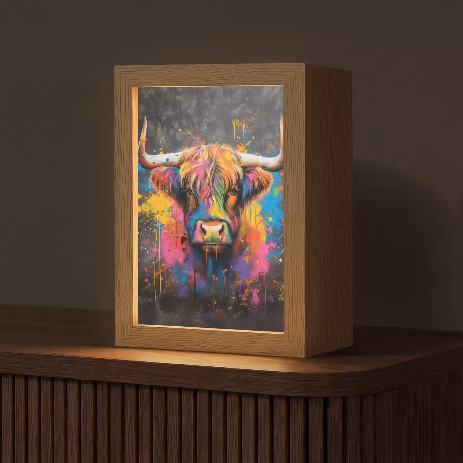 Graffiti - Schotse hooglander - Koe - Kleurrijk Light Box met kabel (Tafellamp) klein -z3d_website