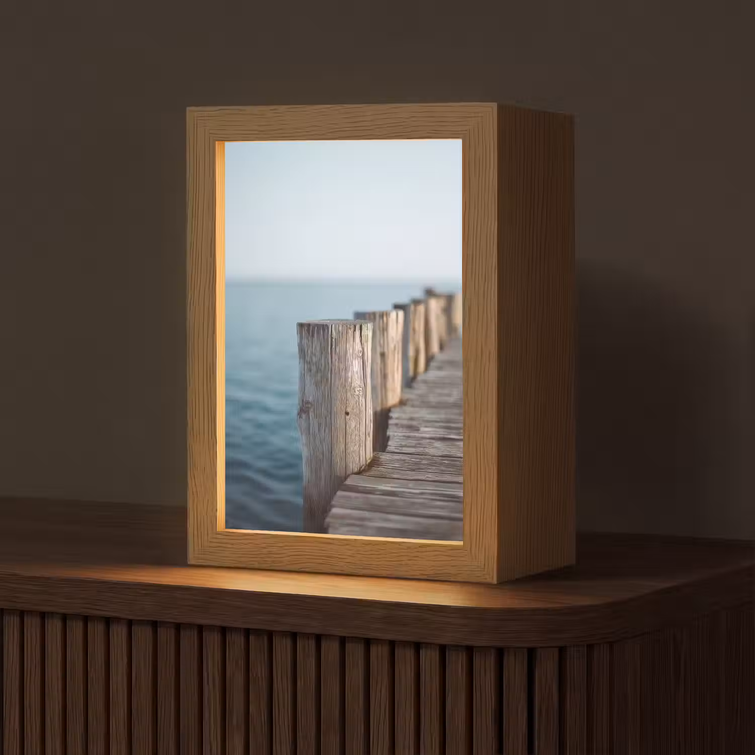 Houten steiger - Helderblauwe lucht Light Box met kabel (Tafellamp) klein -z3d_website
