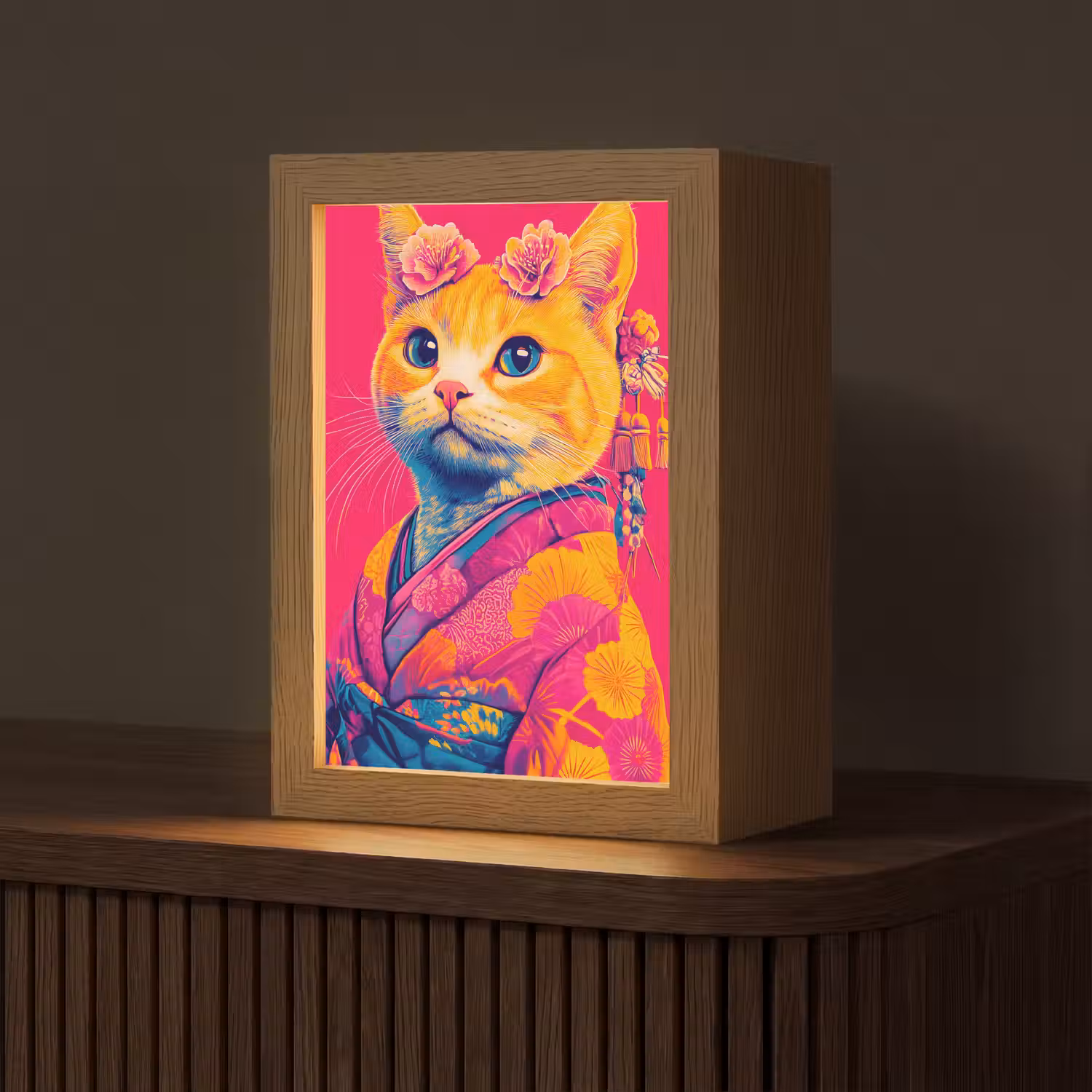 Kat - Kimono - Bloemen - Roze Light Box met kabel (Tafellamp) klein -z3d_website