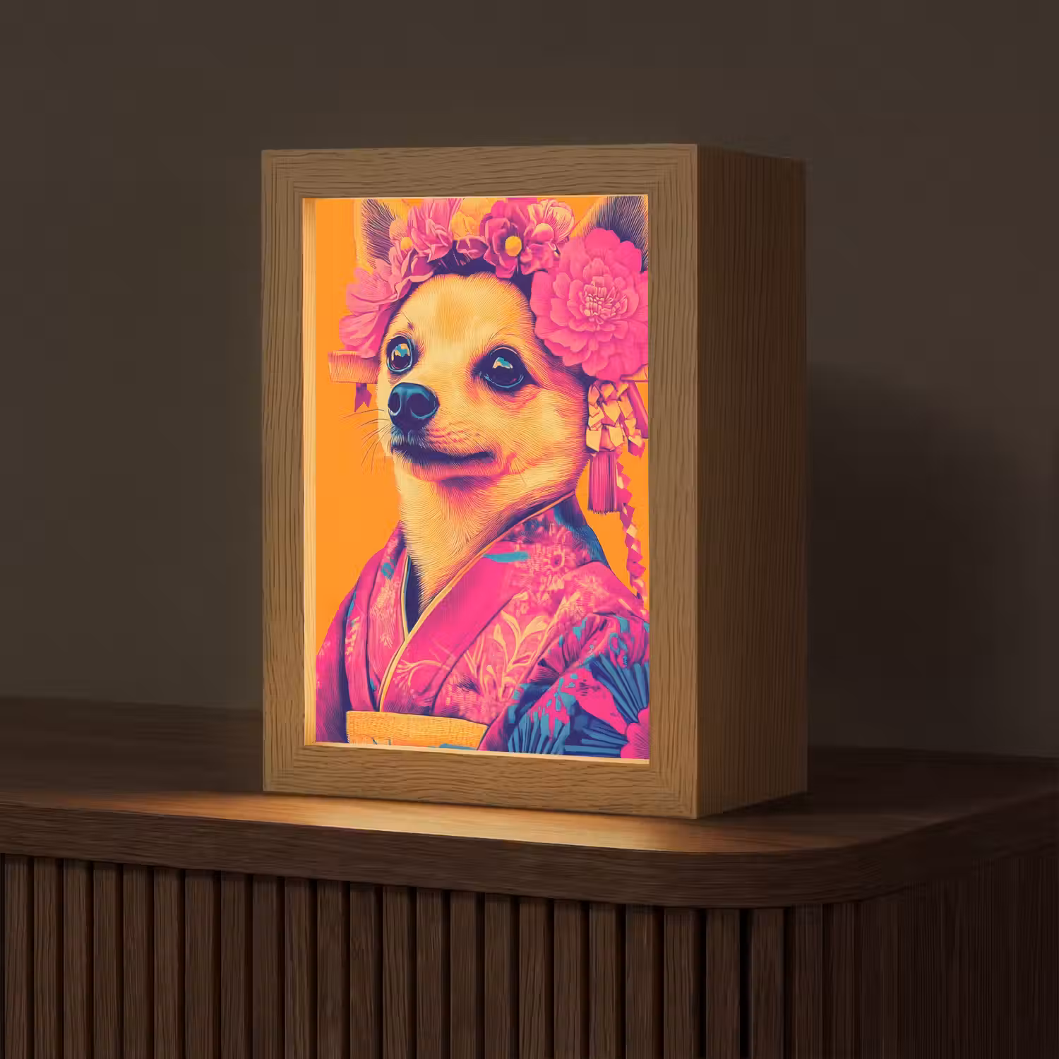 Kimono - Hondje - Bloemenkroon - Oranje Light Box met kabel (Tafellamp) klein -z3d_website