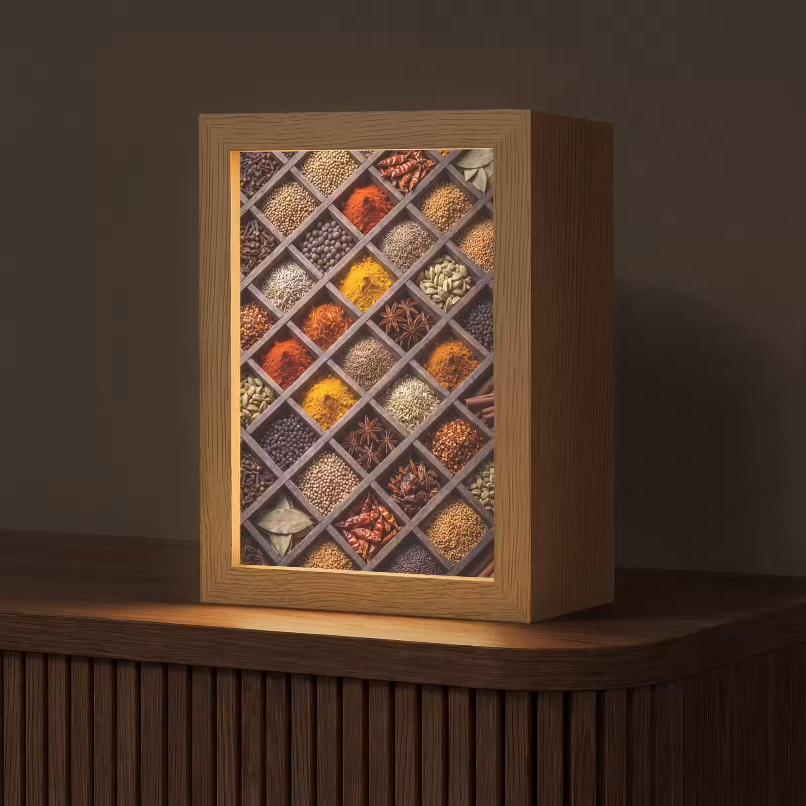 Tischlampe - Kräuter – Holz – Essen - Kruiden - Houten - Eten Light Box met kabel (Tafellamp) klein