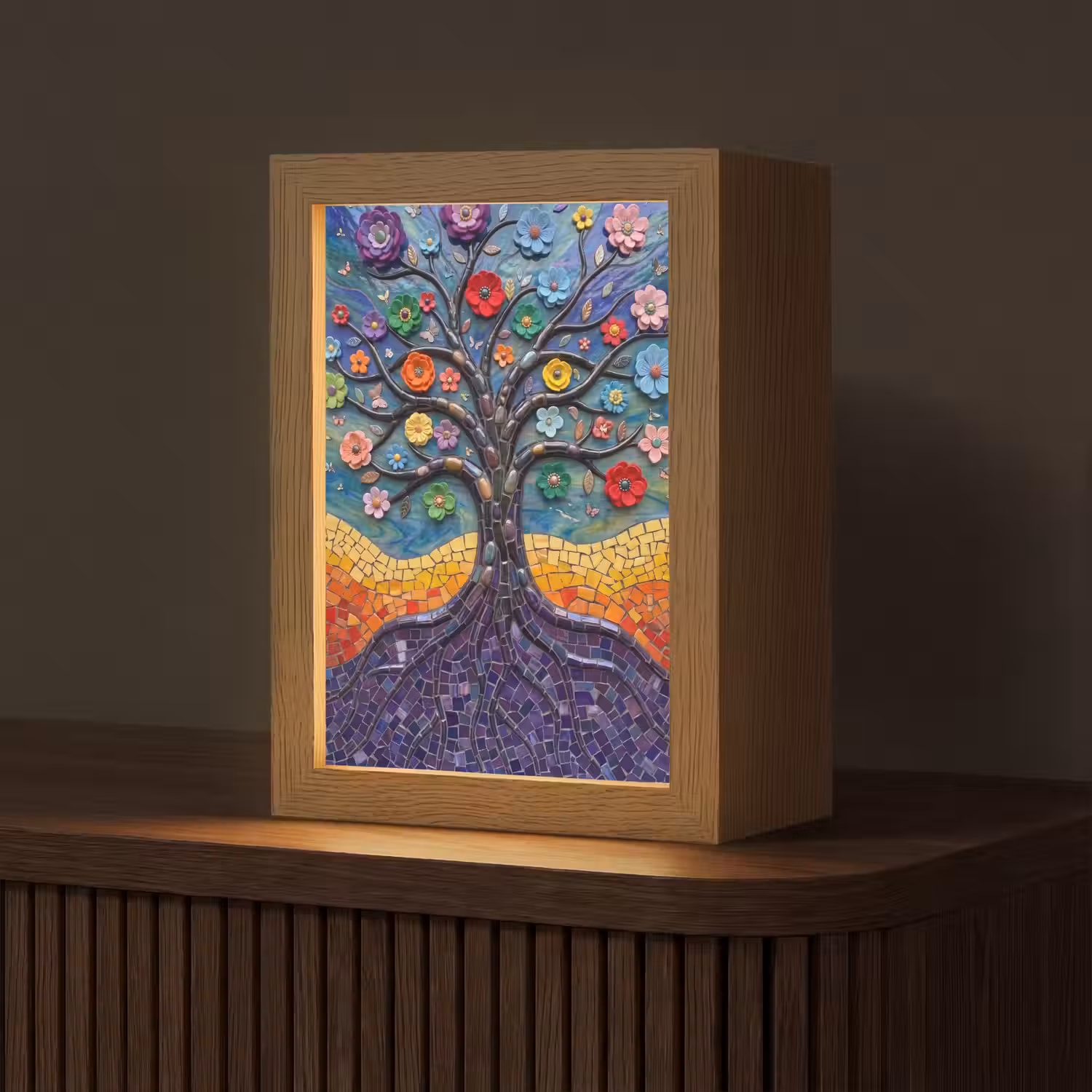 Levensboom - Mozaïek - Bloemen - Kleurrijk - Vrolijk Light Box met kabel (Tafellamp) klein -z3d_website