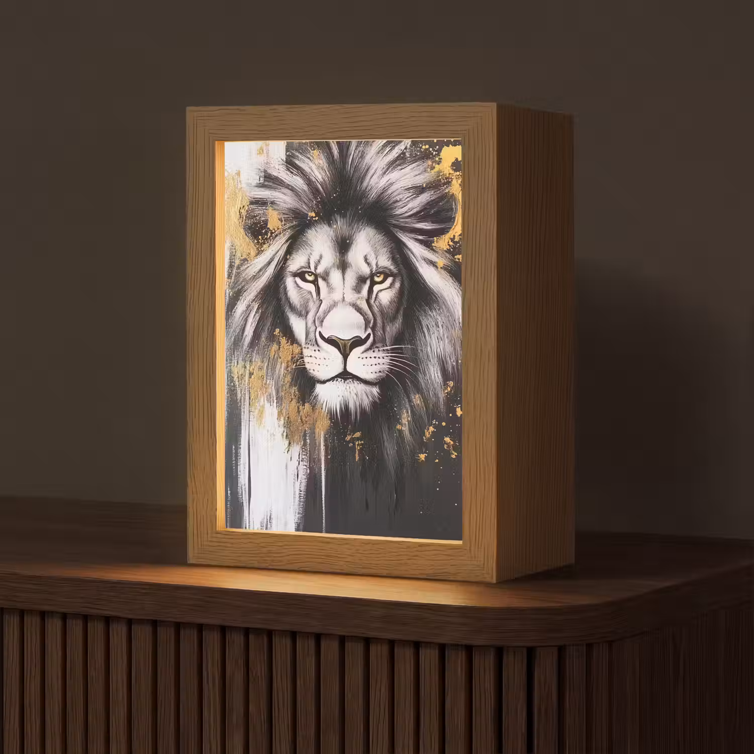 Leeuw - Portret - Verfspatten - Grijs Light Box met kabel (Tafellamp) klein -z3d_website