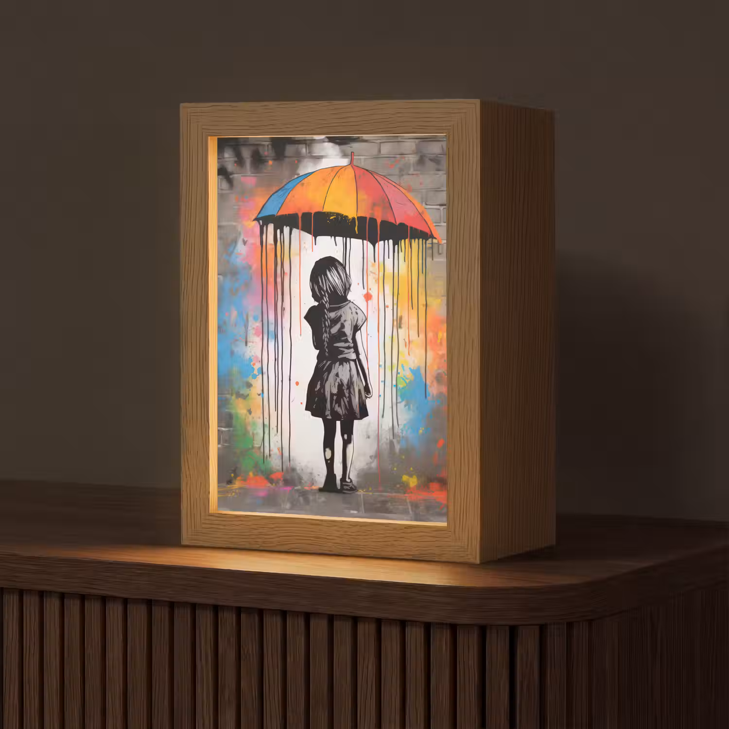 Meisje - Kunst - Paraplu - Graffiti - Kleuren - Muur Light Box met kabel (Tafellamp) klein -z3d_website