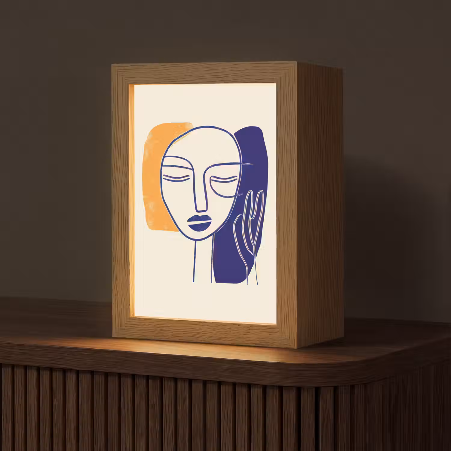 Minimalistisch - Gezicht - Hand - Oranje - Blauw Light Box met kabel (Tafellamp) klein -z3d_website
