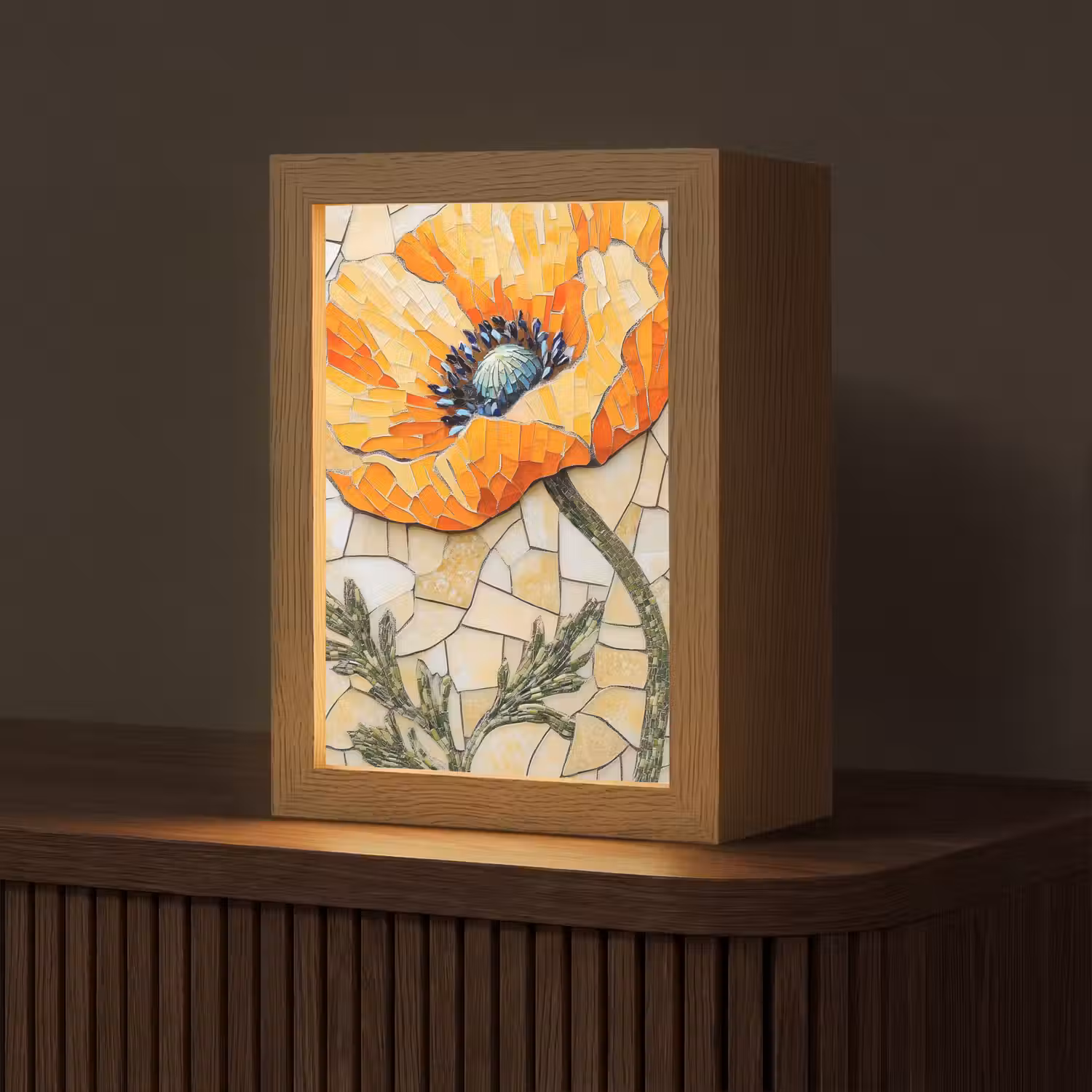 Klaprozen - Oranje - Mozaïek - Bladeren Light Box met kabel (Tafellamp) klein -z3d_website