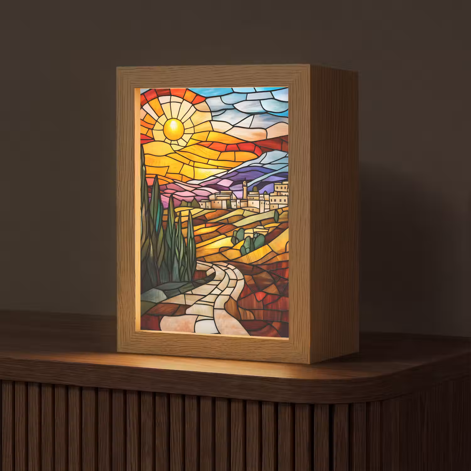 Mozaïek - Zon - Landschap - Dorp Light Box met kabel (Tafellamp) klein -z3d_website