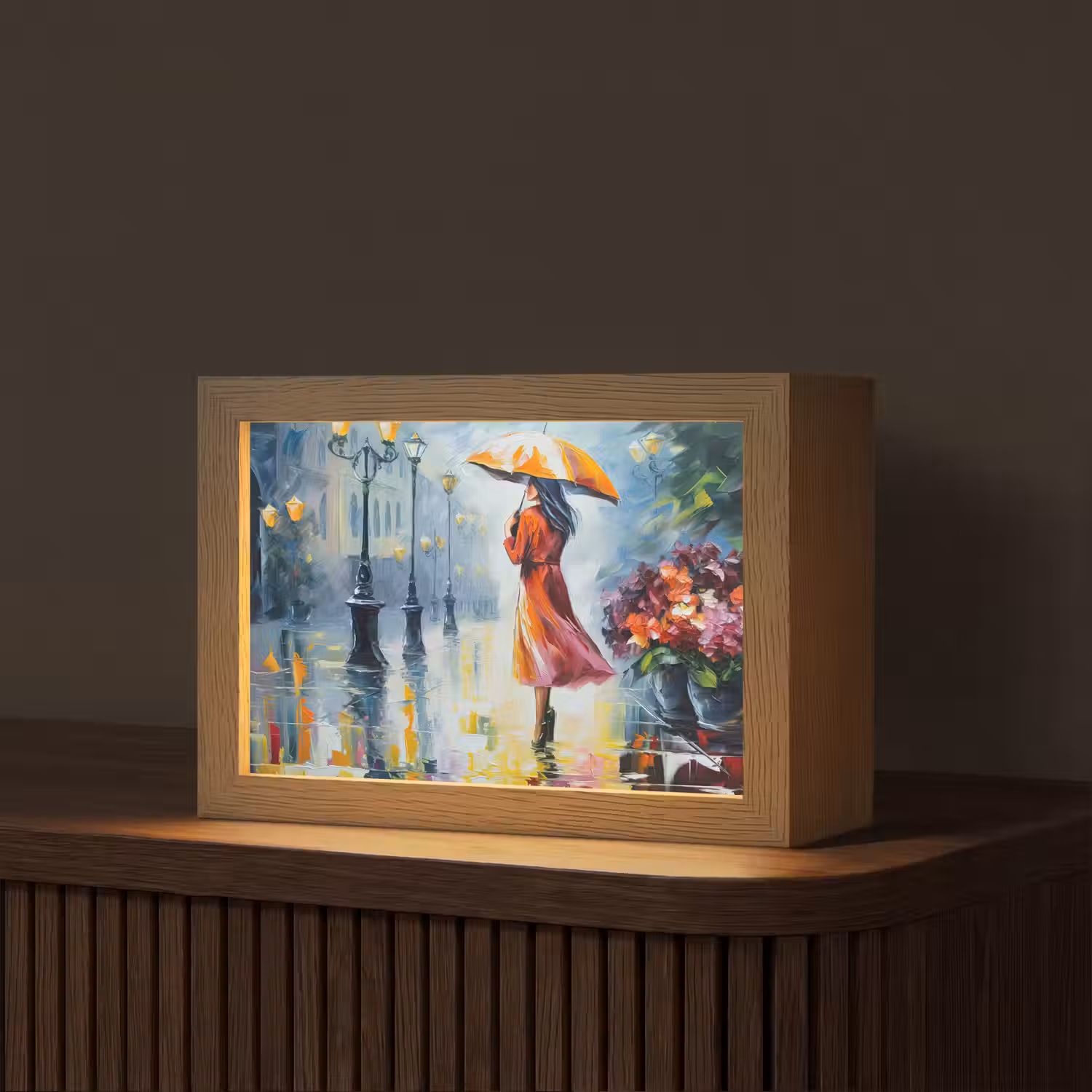 Olieverf - Paraplu - Vrouw - Straat - Kunst Light Box met kabel (Tafellamp) klein -z3d_website