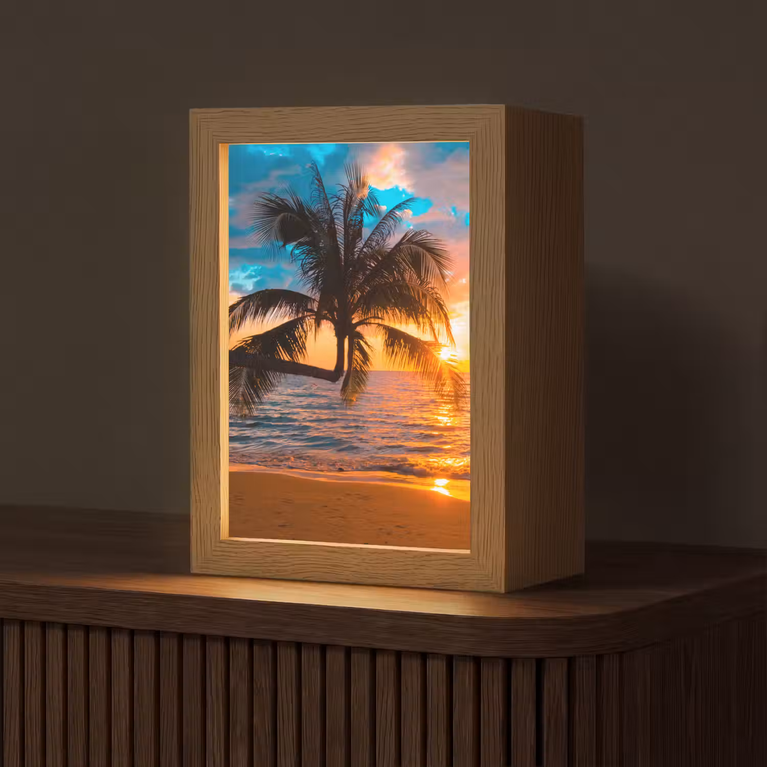Palm - Zonsondergang - Horizon - Strand - Zee - Tropisch Light Box met kabel (Tafellamp) klein -z3d_website