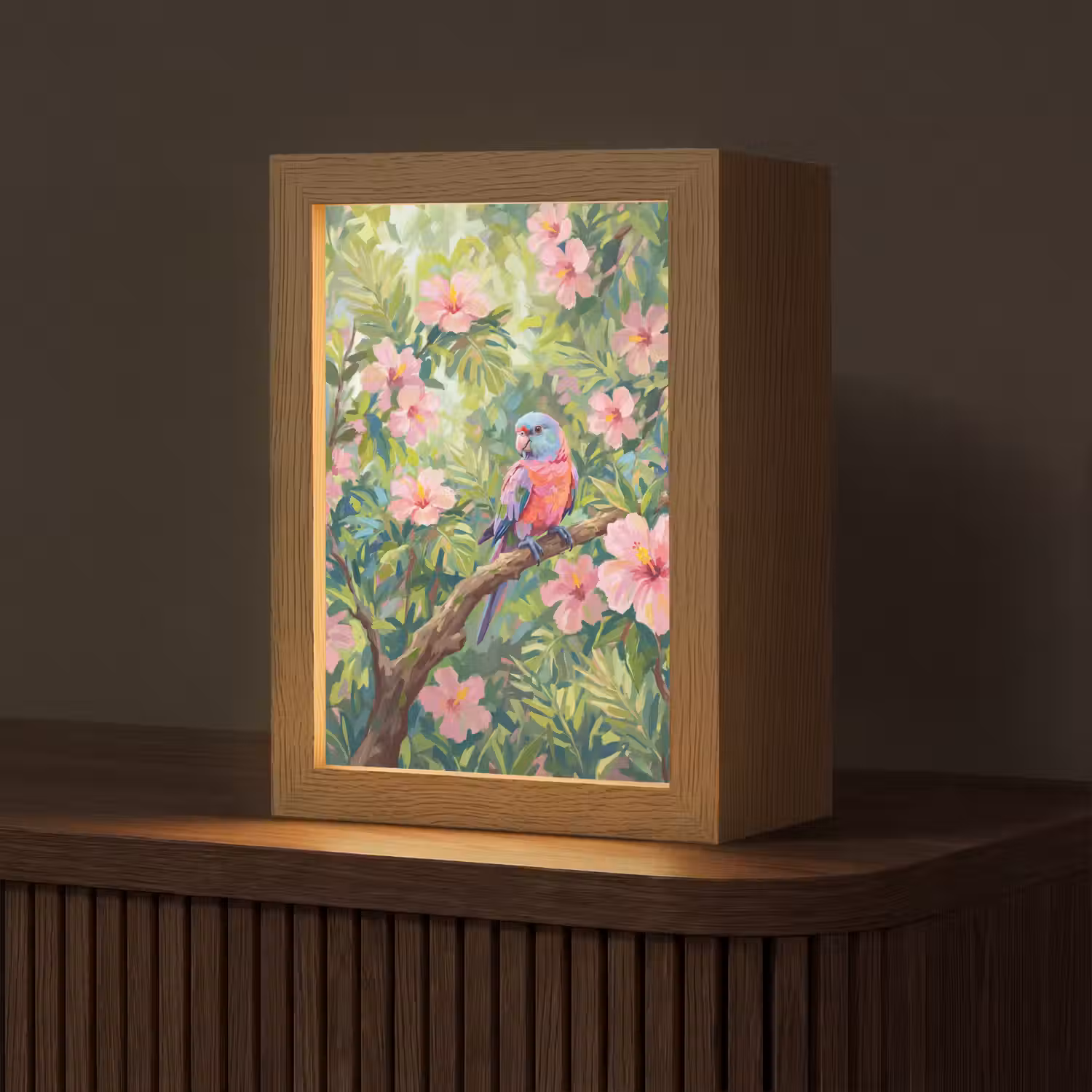 Papagaai - Hibiscusbloemen - Kleurrijk Light Box met kabel (Tafellamp) klein -z3d_website