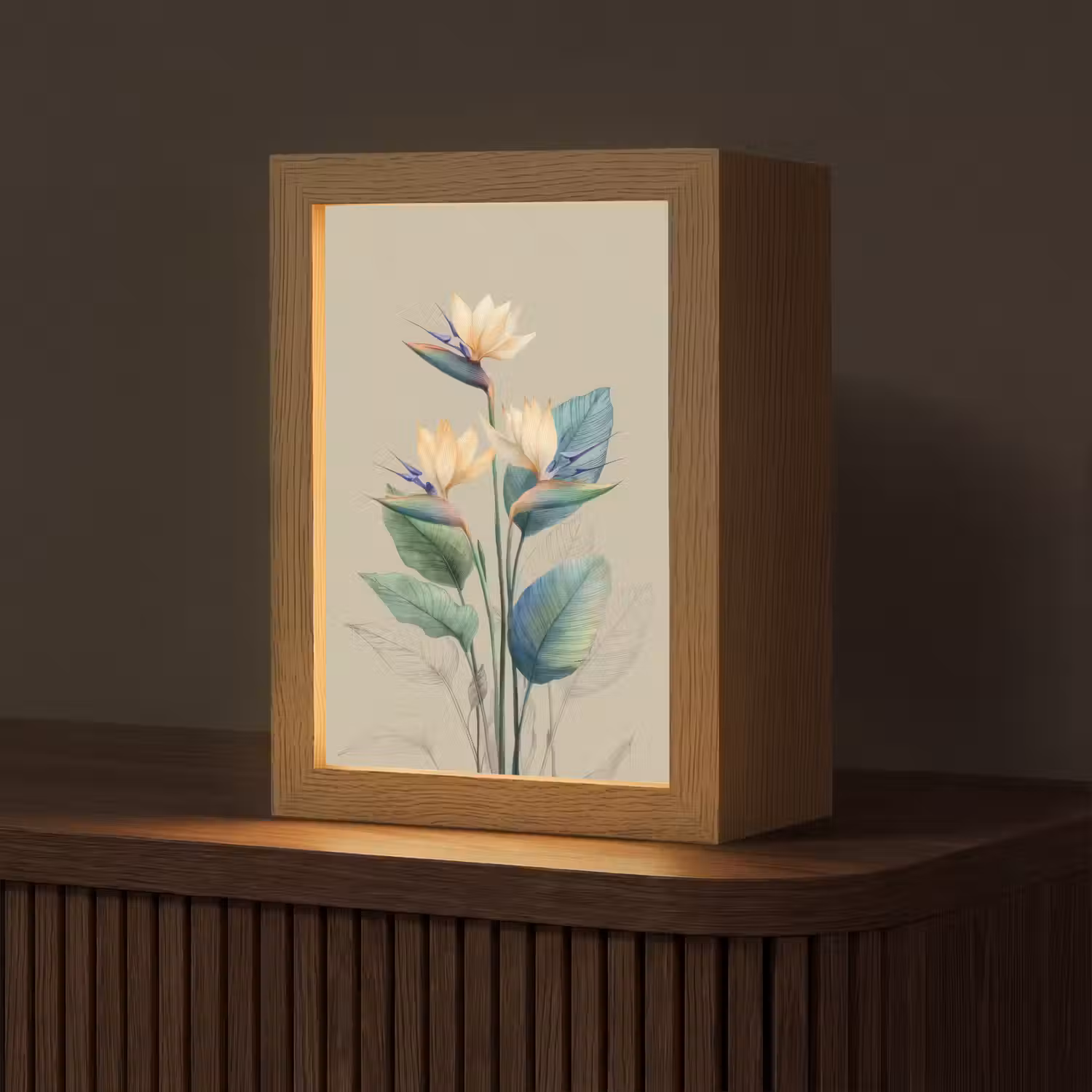Paradijsvogelbloemen - Blauwgroene bladeren - Beige Light Box met kabel (Tafellamp) klein -z3d_website