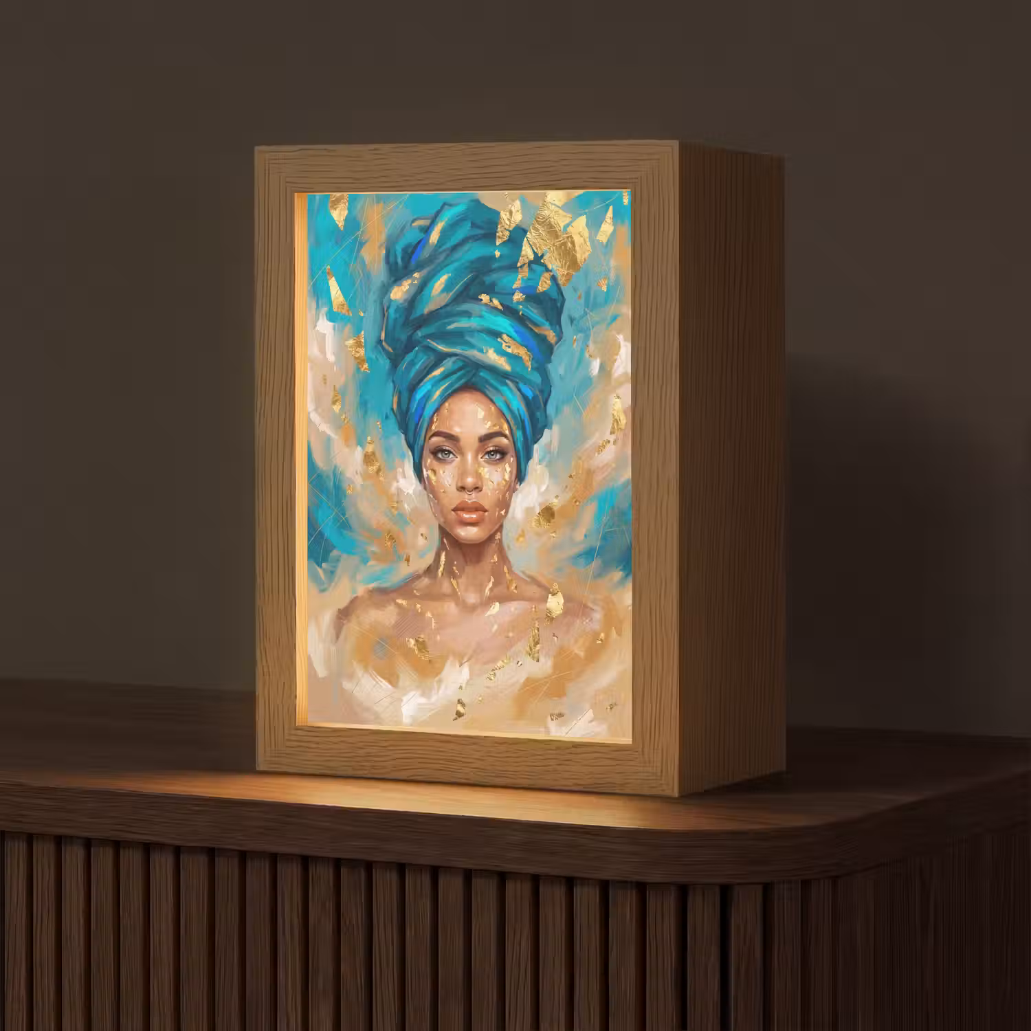 Portret - Vrouw - Schilderij - Blauw - Goud - Expressief Light Box met kabel (Tafellamp) klein -z3d_website