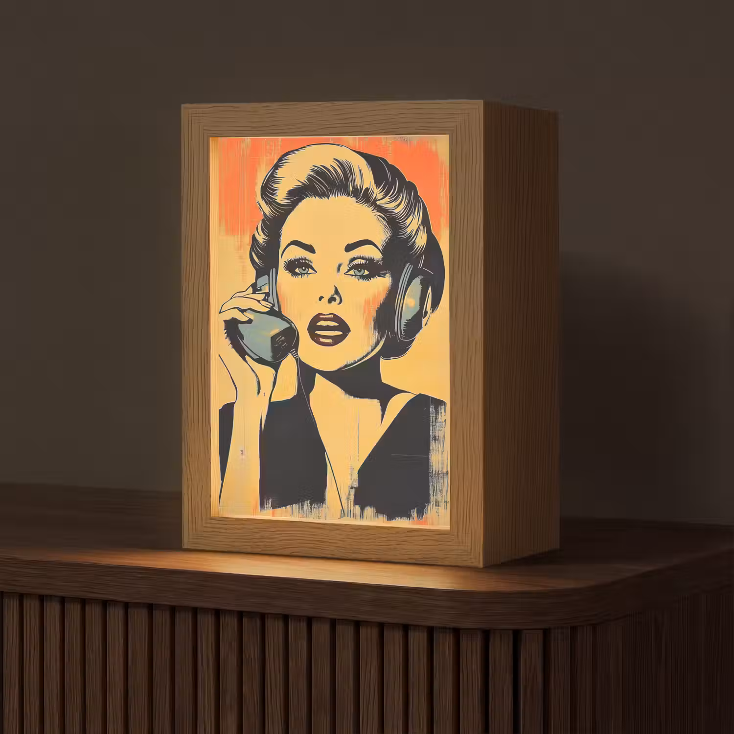 Retro - Vrouw - Koptelefoon - Oranje Light Box met kabel (Tafellamp) klein -z3d_website