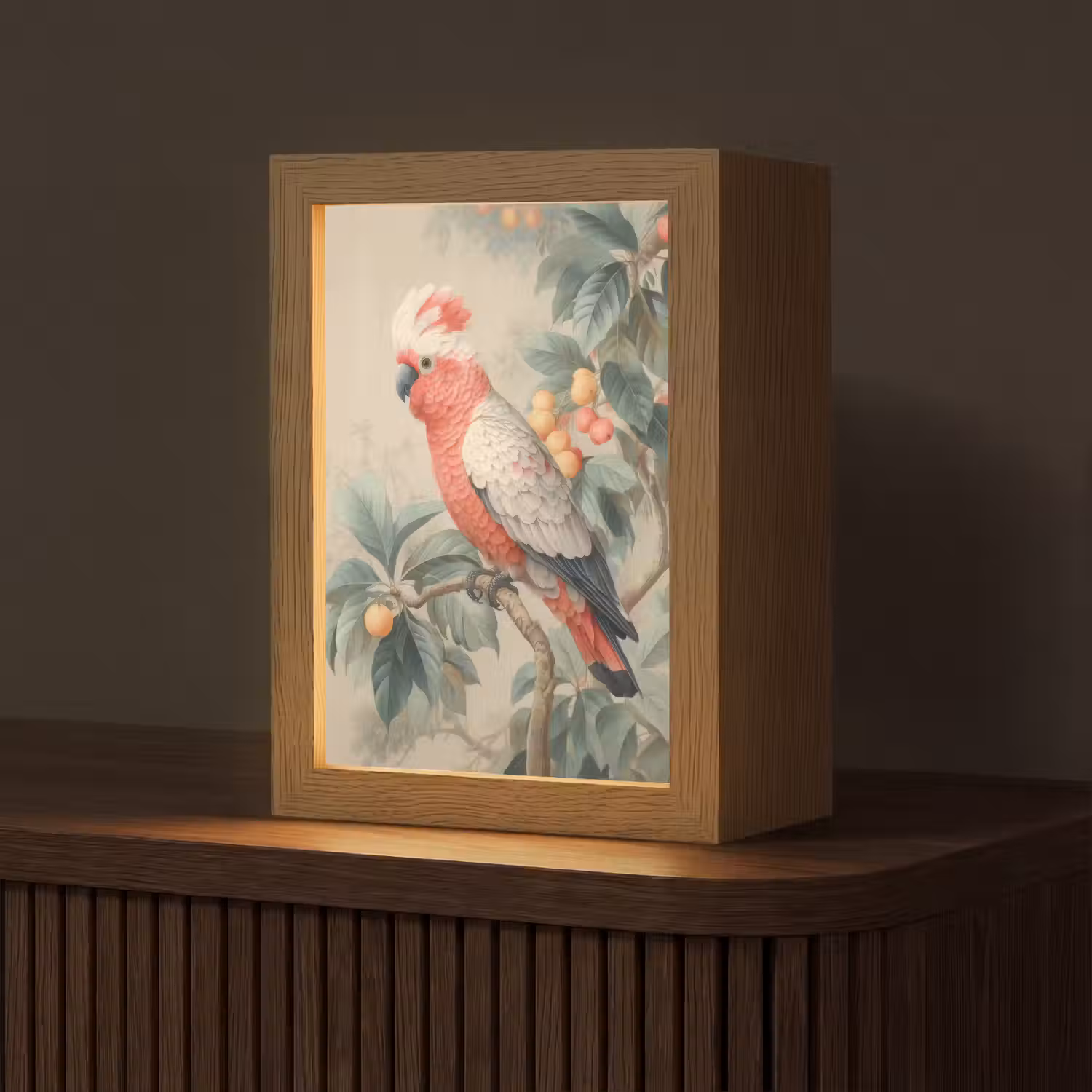 Roze kuifkaketoe - Tak met vruchten - Bladeren Light Box met kabel (Tafellamp) klein -z3d_website