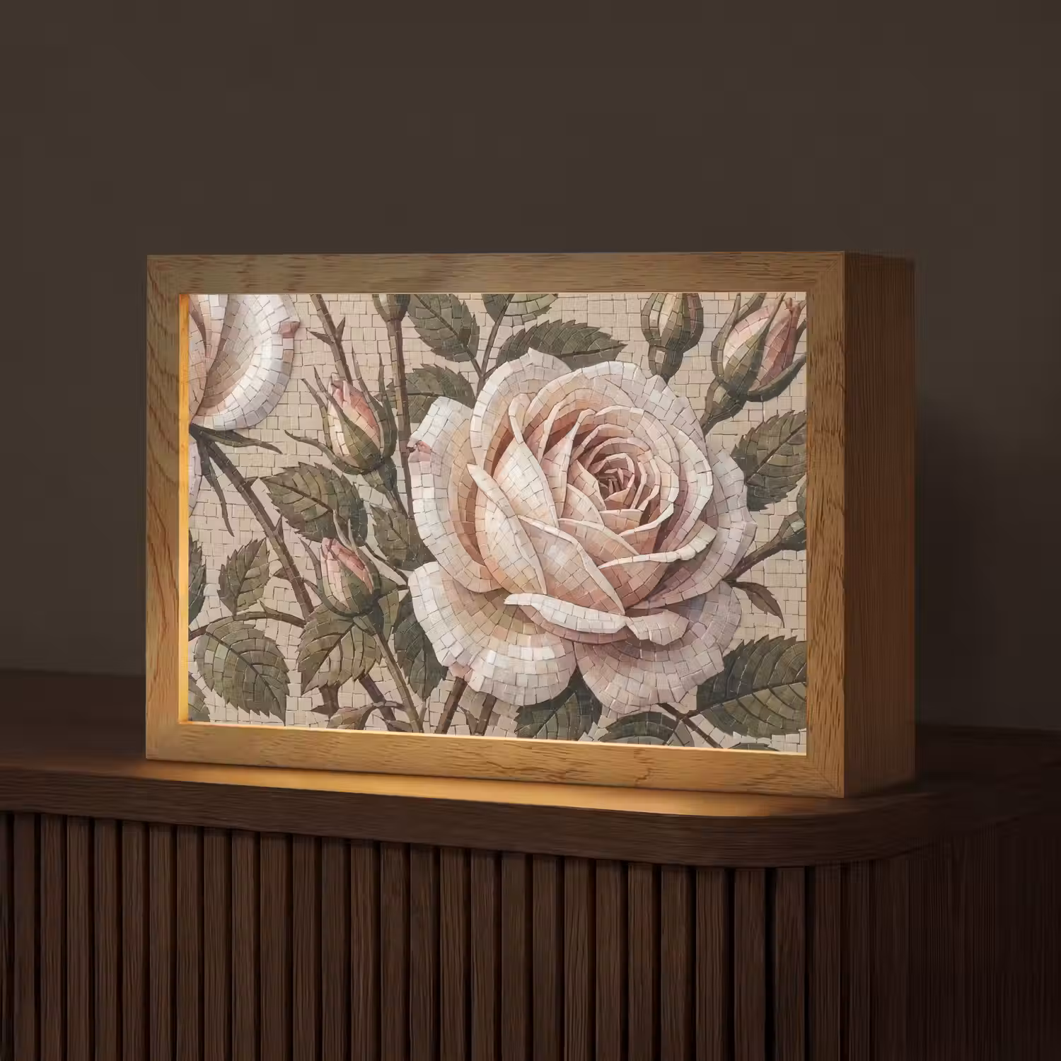 Roos - Mozaïek - Bloemen - Klassiek - Beige Light Box met kabel (Tafellamp) klein -z3d_website