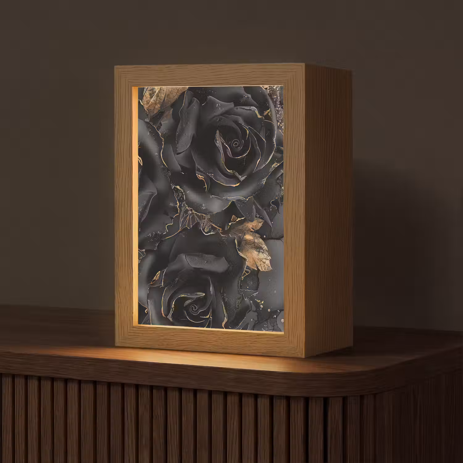 Rozen - Zwart - Bloemen - Goud Light Box met kabel (Tafellamp) klein -z3d_website