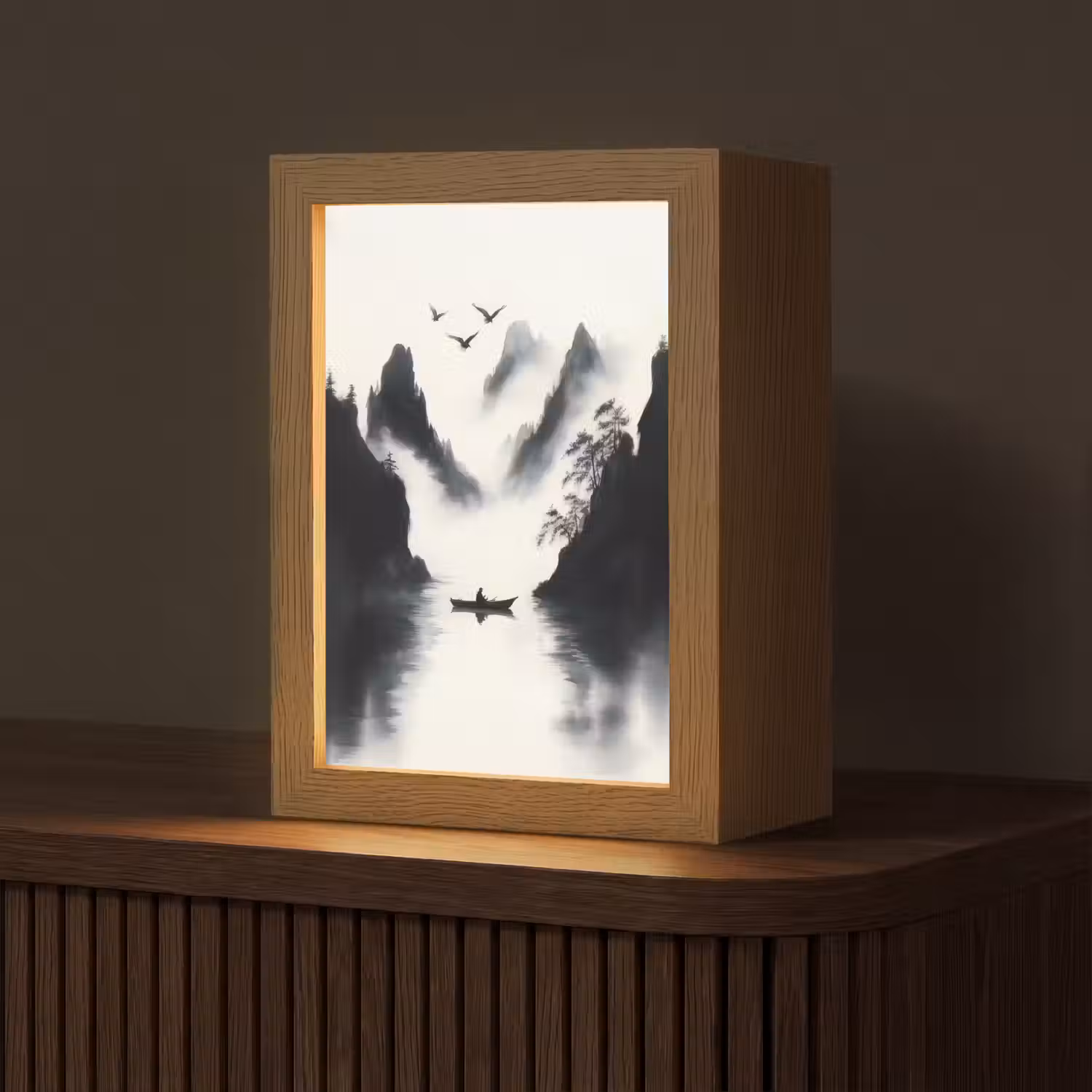 Roeiboot - Mistig - Bergen - Vogels Light Box met kabel (Tafellamp) klein -z3d_website