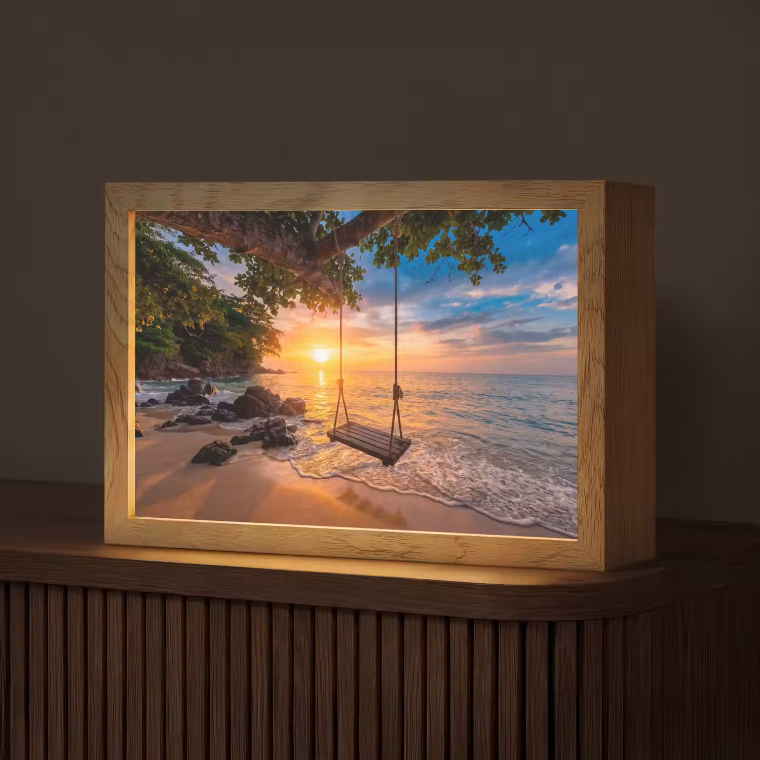 Schommel - Strand - Zonsondergang - Natuur - Oranje Light Box met kabel (Tafellamp) klein -z3d_website