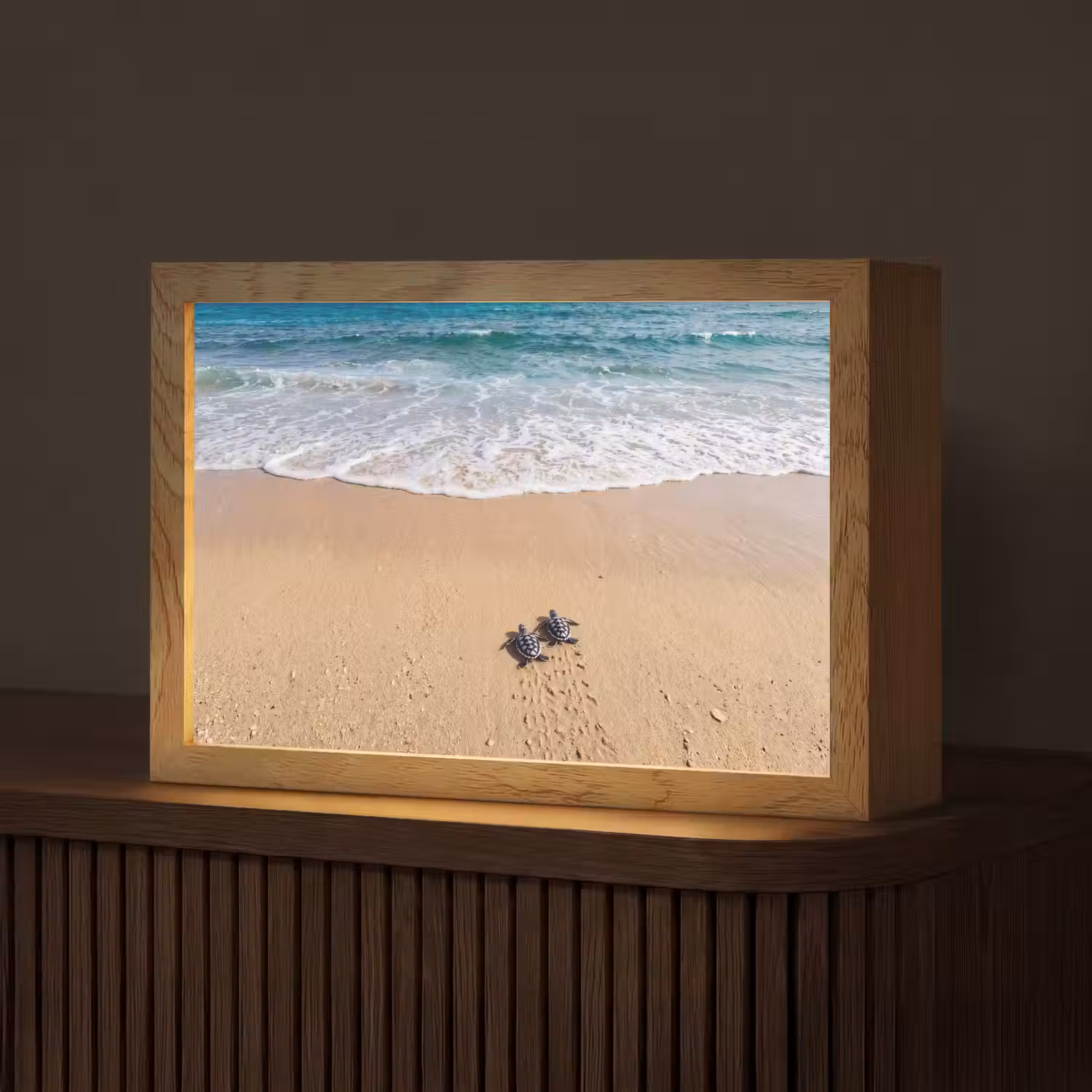 Schildpad - Jong - Strand - Oceaan - Blauw Light Box met kabel (Tafellamp) klein -z3d_website