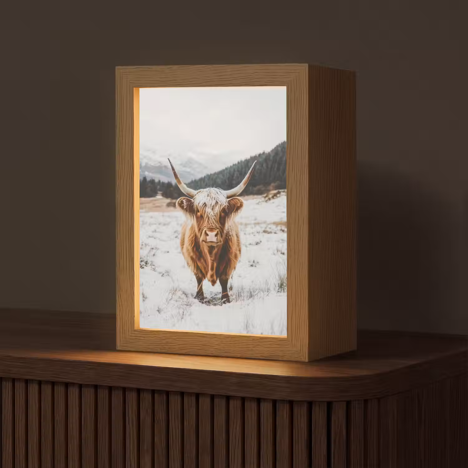 Schotse Hooglander - Landschap - Sneeuw - Bergen - Winter Light Box met kabel (Tafellamp) klein -z3d_website