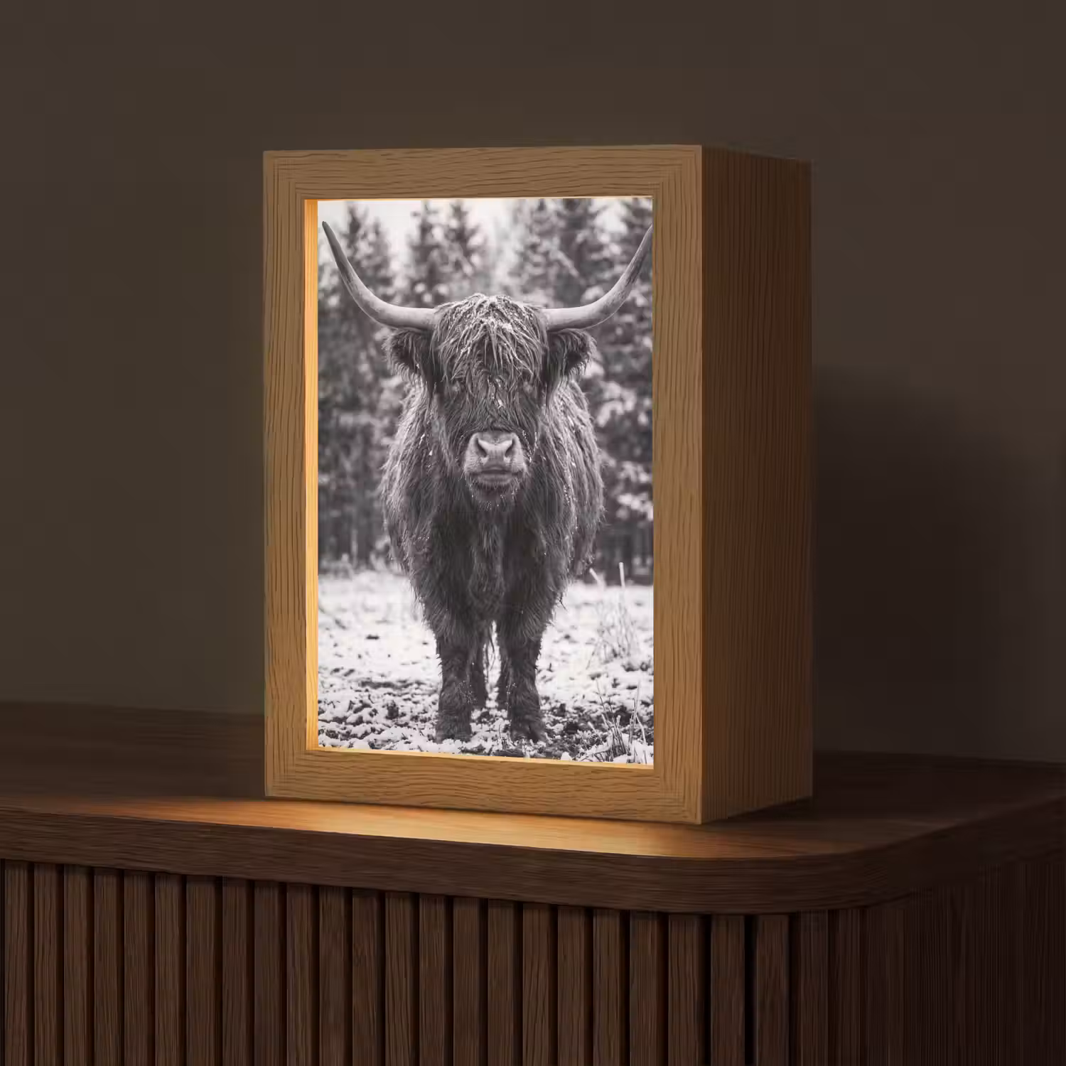 Schotse hooglander - Zwart - Wit - Sneeuwvlokken Light Box met kabel (Tafellamp) klein -z3d_website