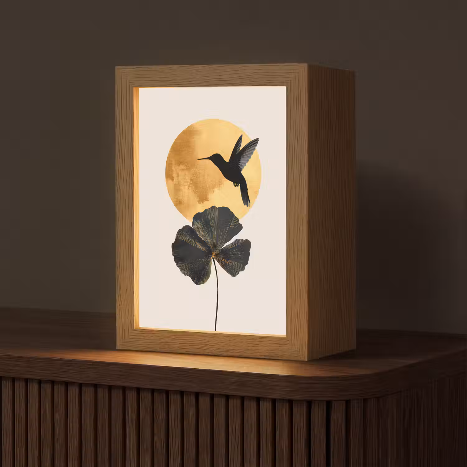 Zwarte kolibrie - Bloem - Gouden cirkel Light Box met kabel (Tafellamp) klein -z3d_website
