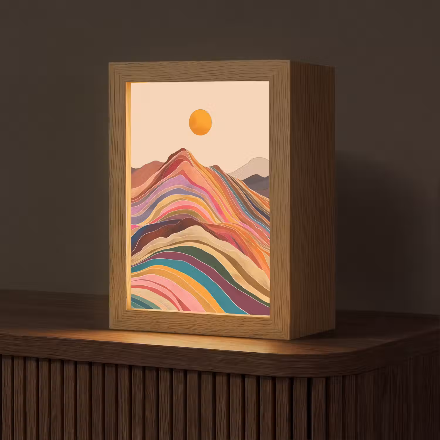Zon - Kleurrijk landschap - Bergen Light Box met kabel (Tafellamp) klein -z3d_website