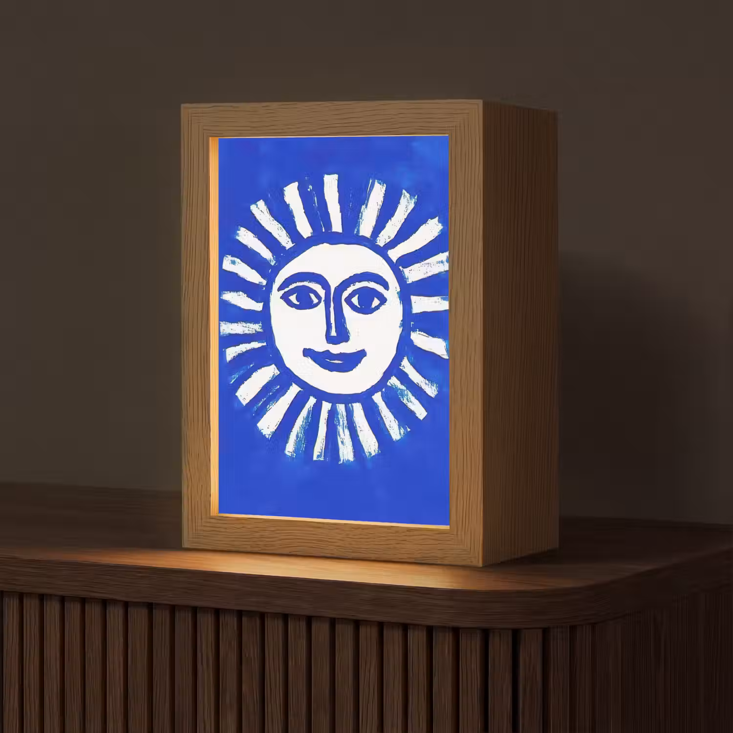 Zon - Gezicht - Penseelstructuur - Blauw Light Box met kabel (Tafellamp) klein -z3d_website