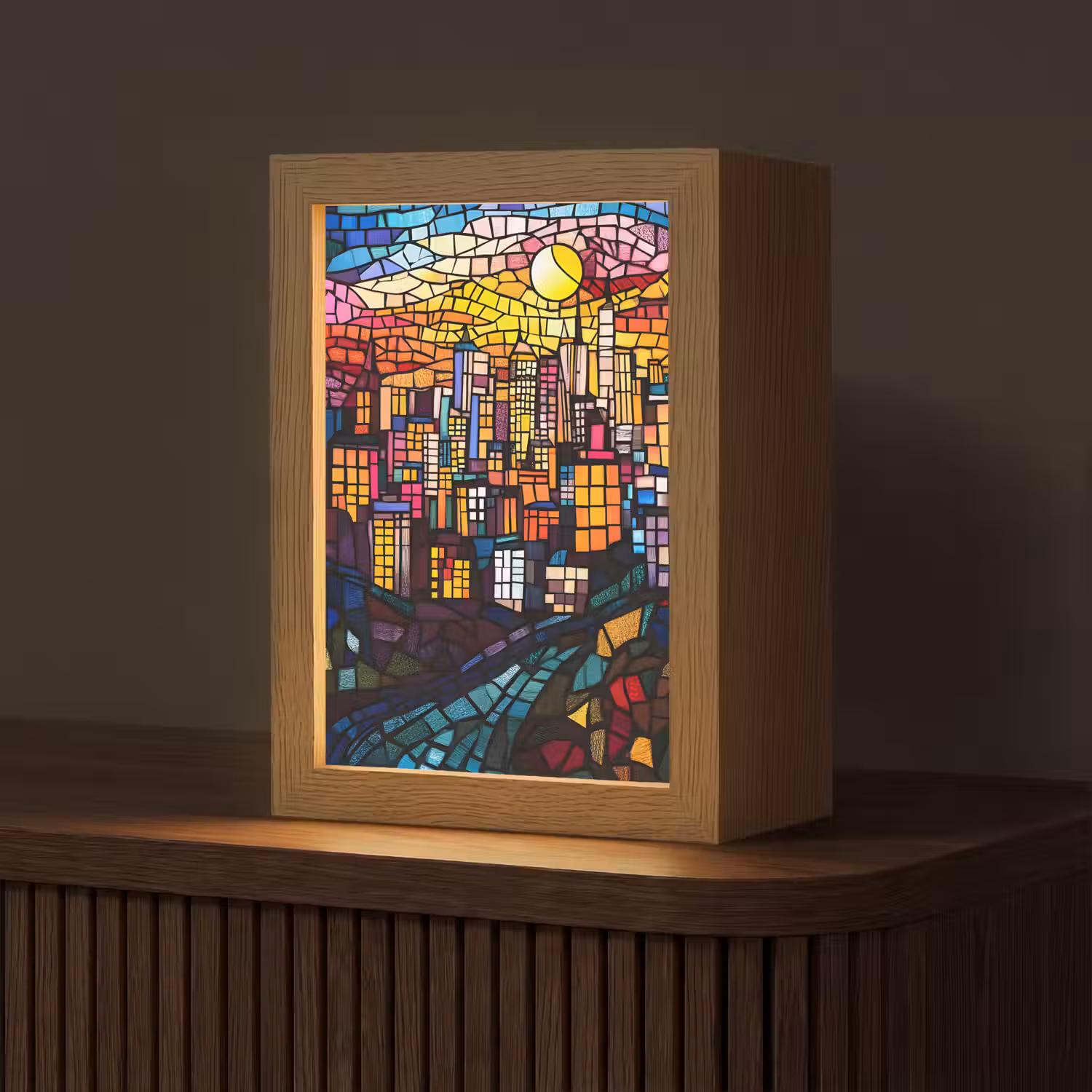 Stad - Maan - Mozaïek - Kleurrijk Light Box met kabel (Tafellamp) klein -z3d_website