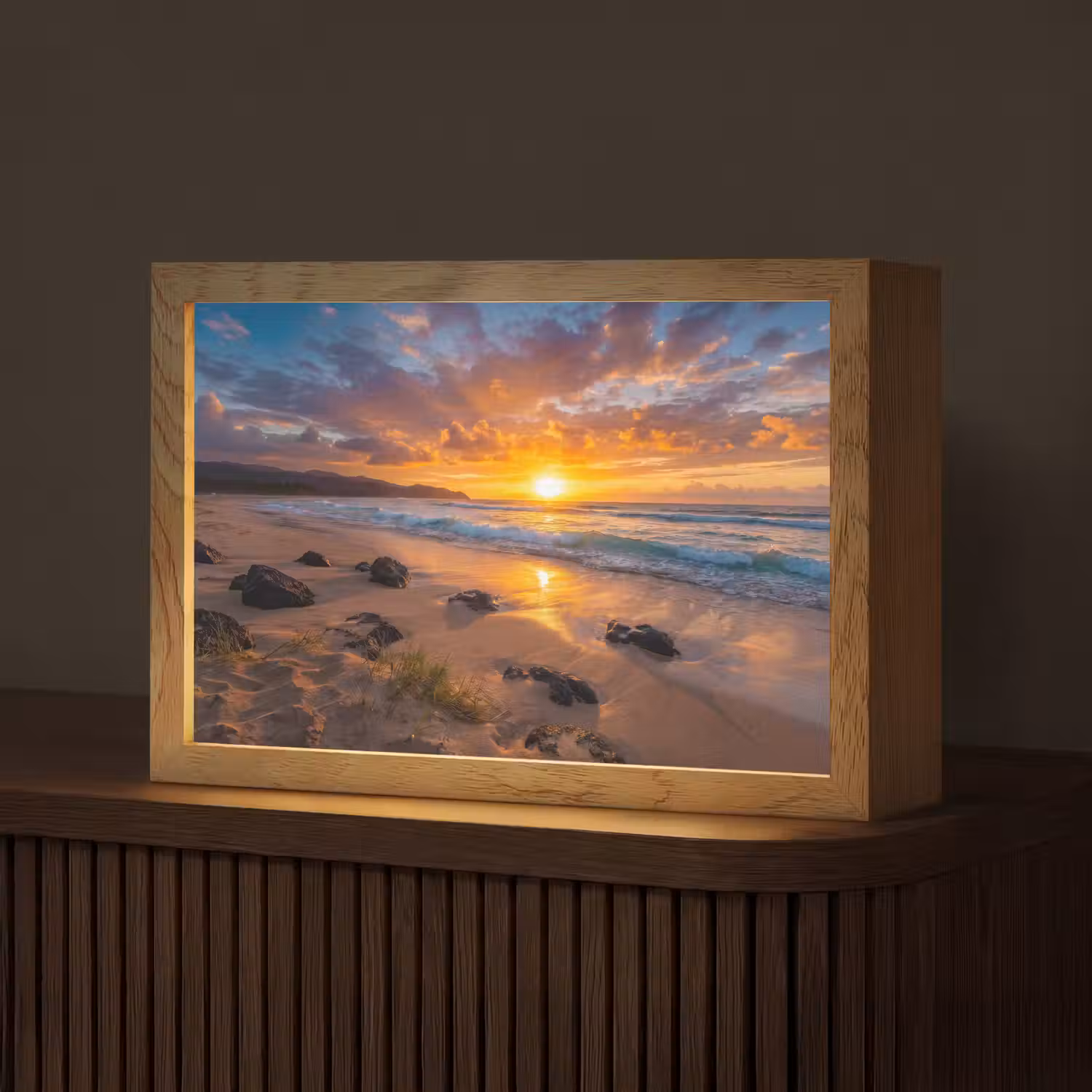 Strand - Zonsondergang - Golven - Natuur - Oranje Light Box met kabel (Tafellamp) klein -z3d_website