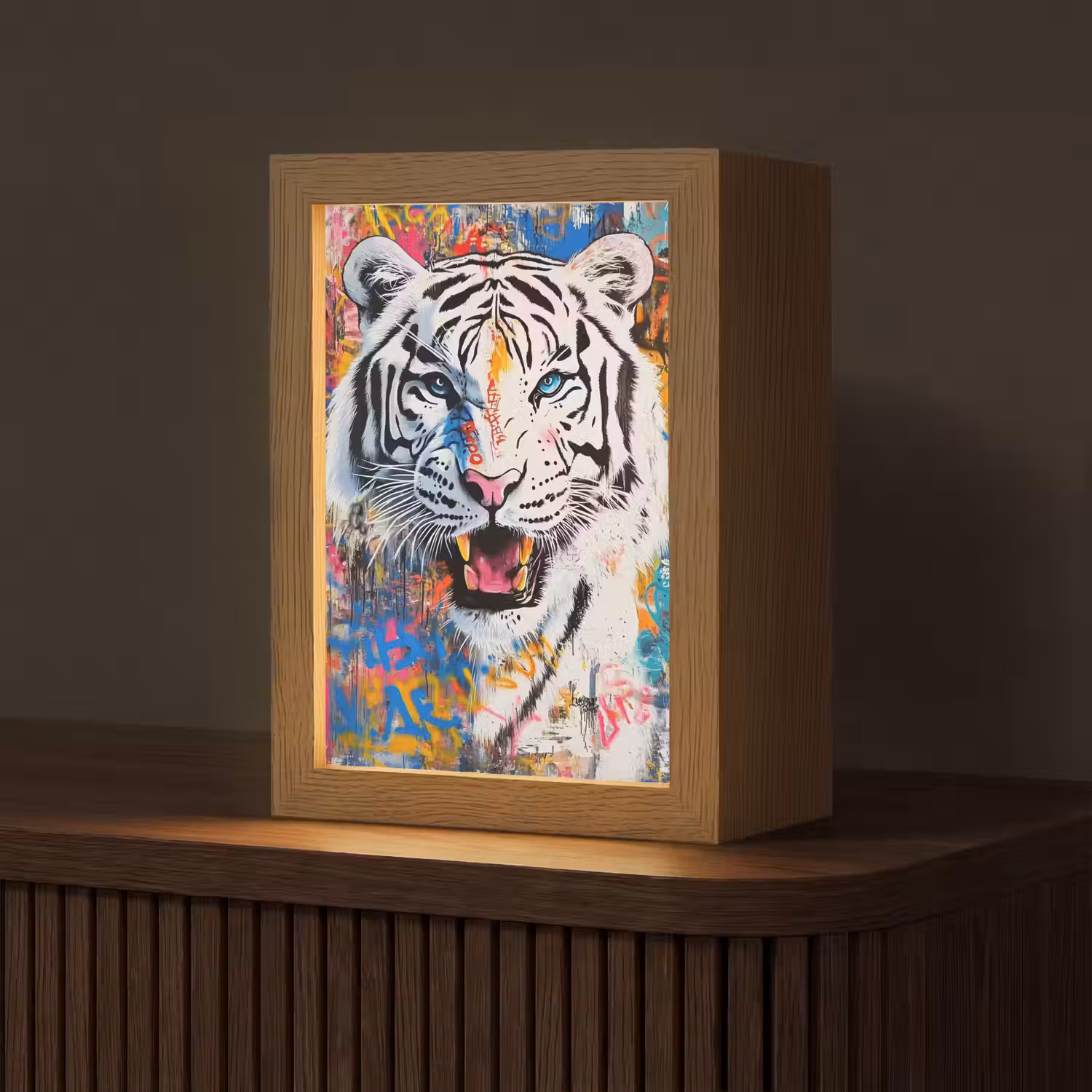 Street art - Tijger - Wit - Graffiti - Dieren Light Box met kabel (Tafellamp) klein -z3d_website