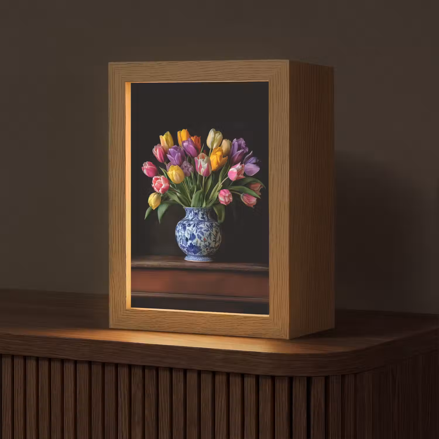 Tulpen - Kleuren - Hout - Vaas Light Box met kabel (Tafellamp) klein -z3d_website