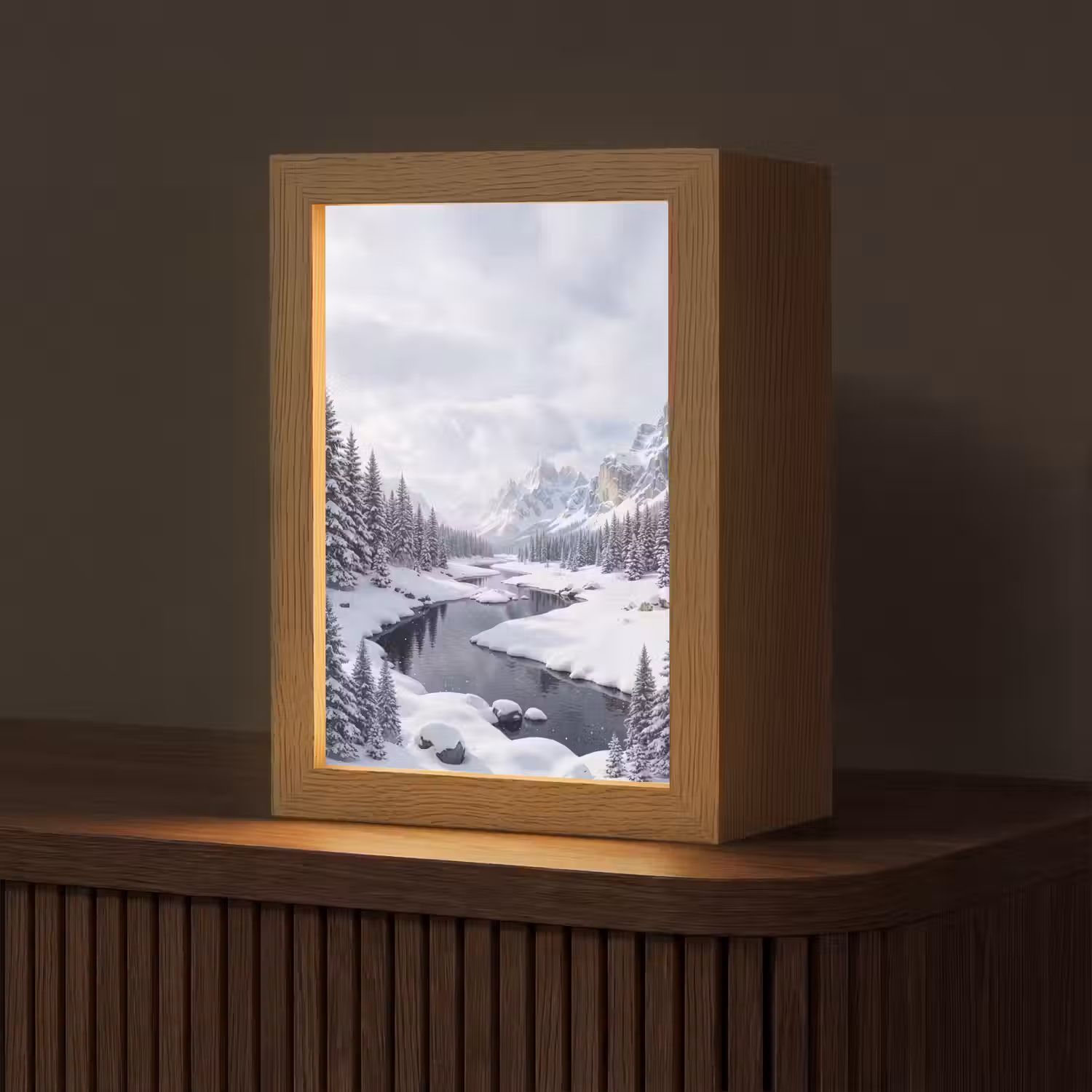 Sneeuwlandschap - Bergen - Rivier - Winter Light Box met kabel (Tafellamp) klein -z3d_website