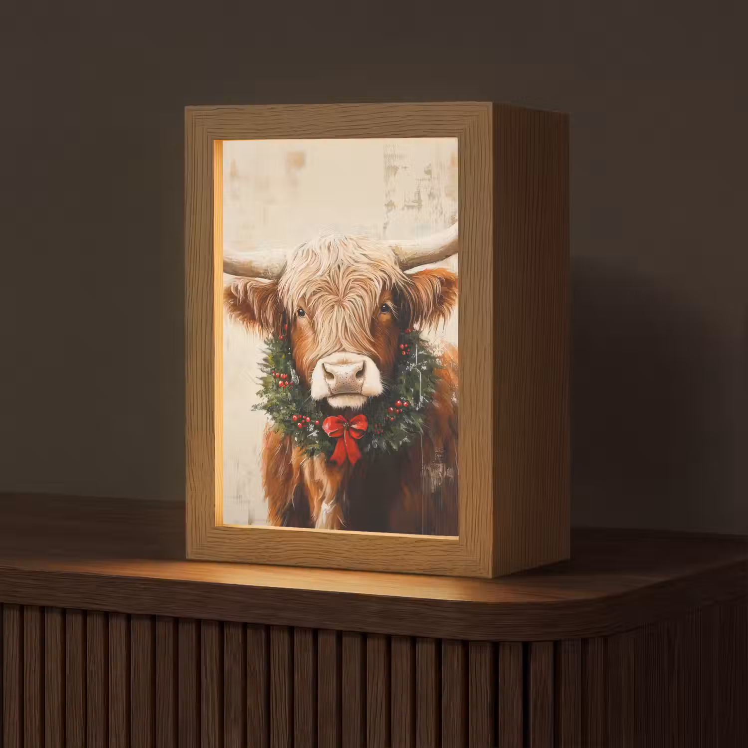 Kerst - Schotse Hooglander - Bruin - Krans Light Box met kabel (Tafellamp) klein -z3d_website