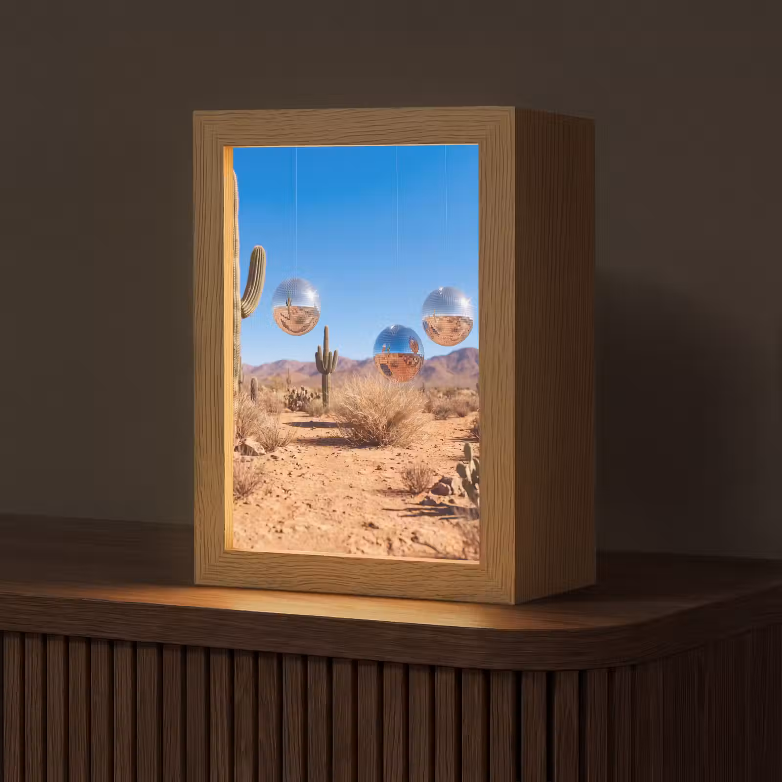 Tischlampe - Wüste – Spiegelkugel – Kunst - Woestijn - Spiegelbal - Kunst Light Box met kabel (Tafellamp) klein