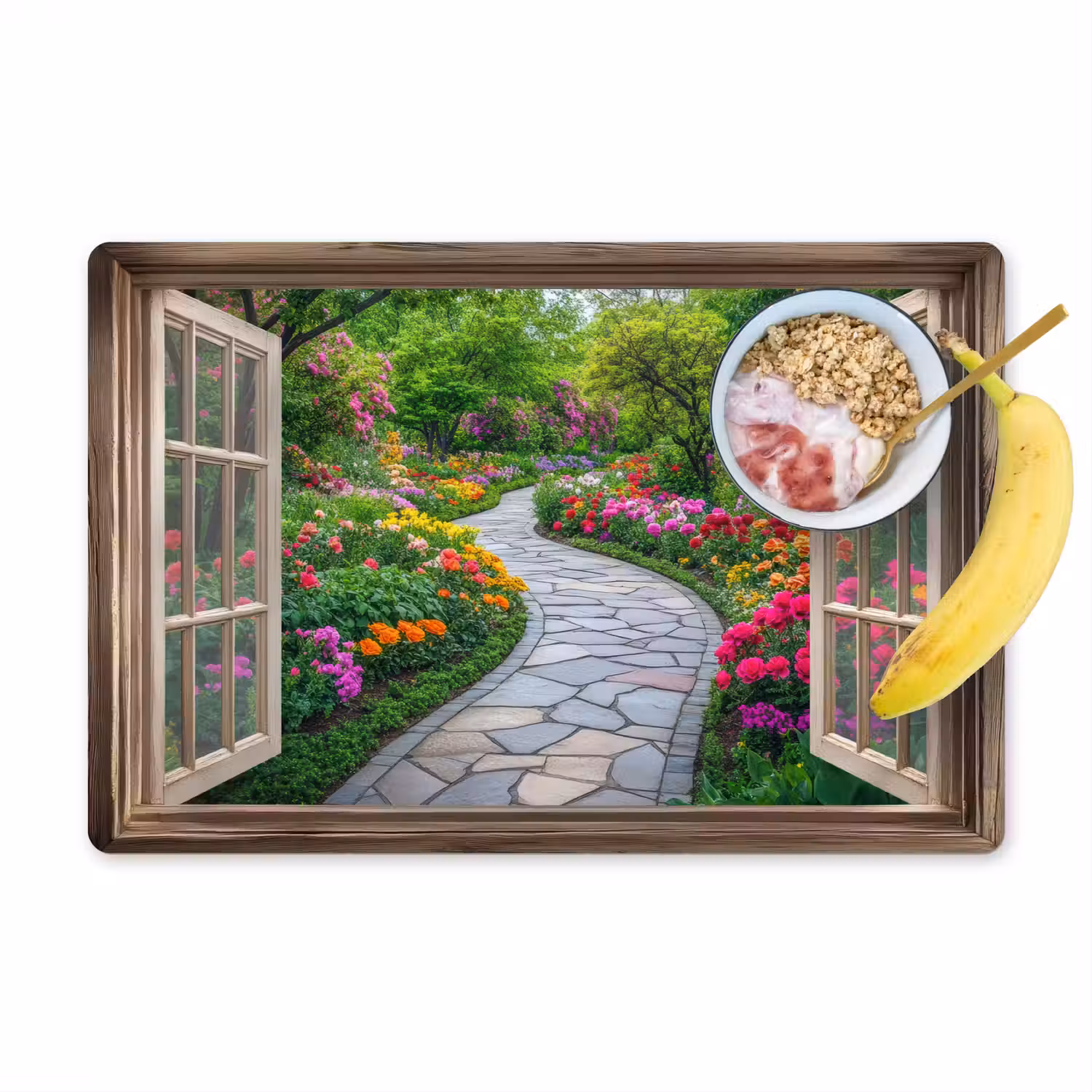 Doorkijk - Bloemen - Tuinpad - Natuur - Raam Placemat vinyl groot -zzzproduct_Kitchenyeah-website