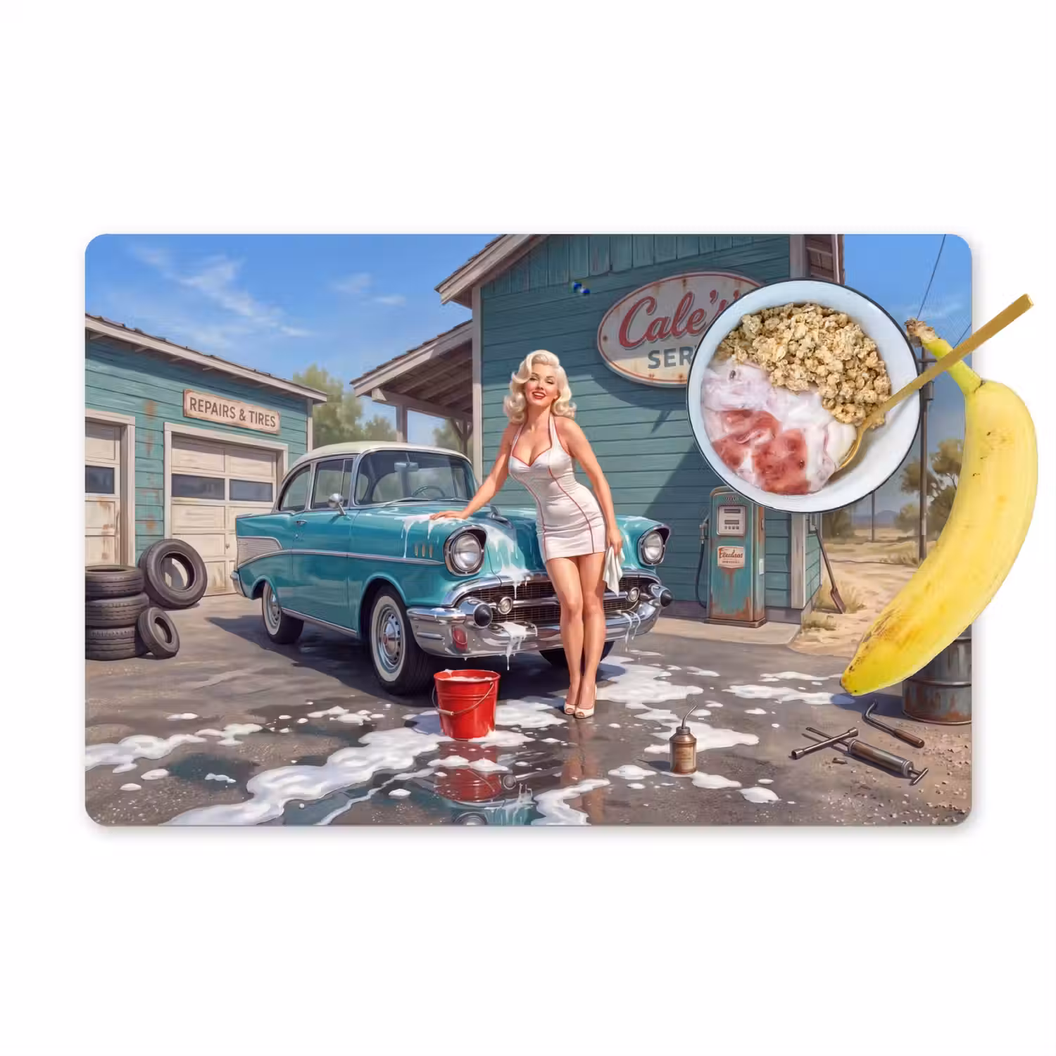 Auto - Vrouw - Groen Placemat vinyl groot -zzzproduct_Kitchenyeah-website