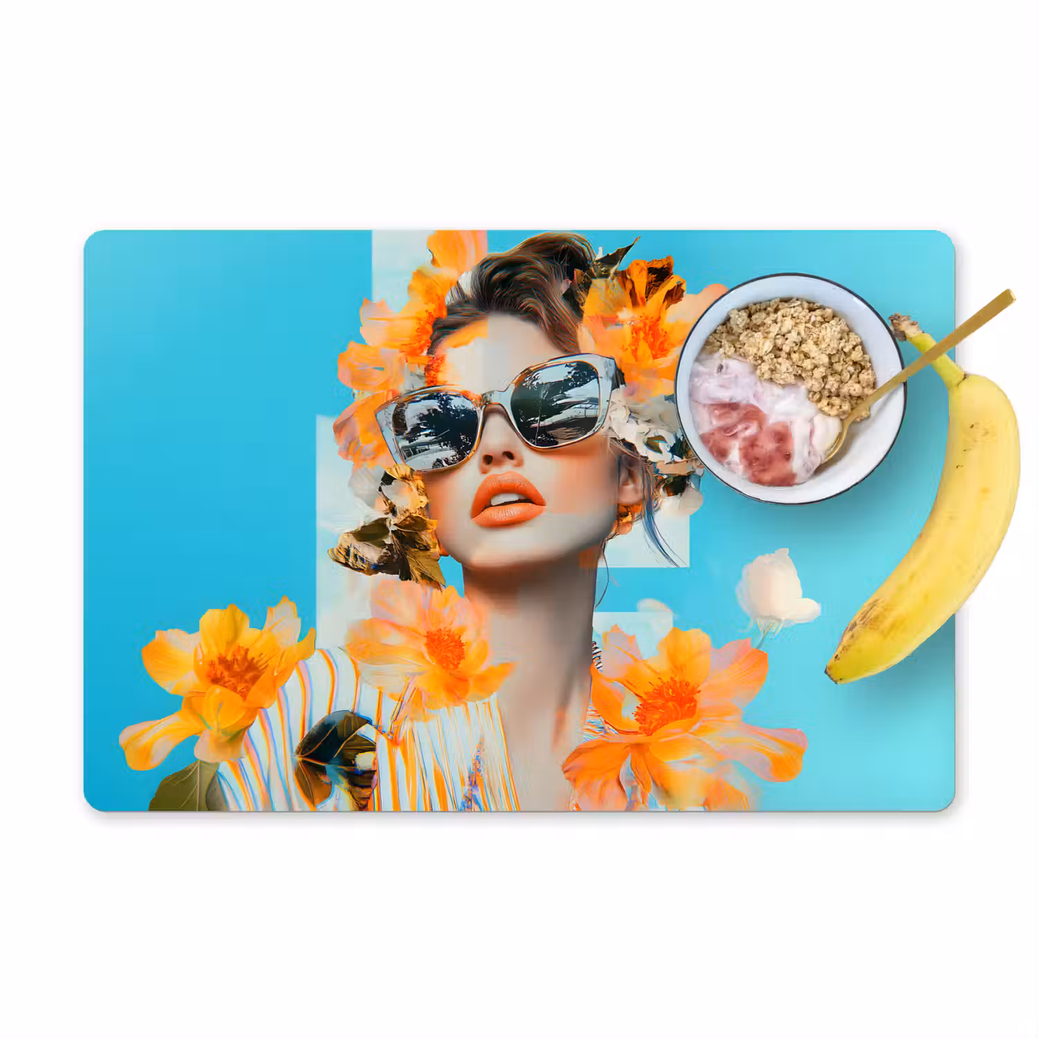 Bloemen - Vrouw - Zonnebril - Blauw Placemat vinyl groot -zzzproduct_Kitchenyeah-website