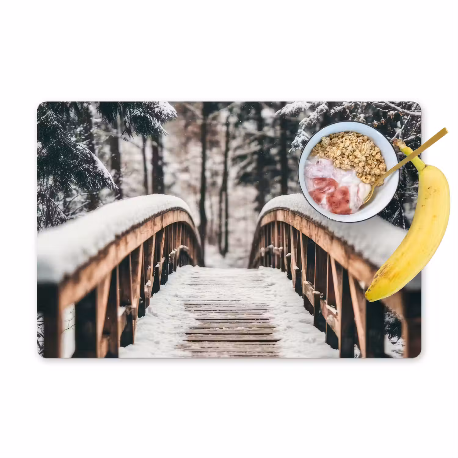 Brug - Winterlandschap - Bos - Natuur - Sneeuw Placemat vinyl groot -zzzproduct_Kitchenyeah-website