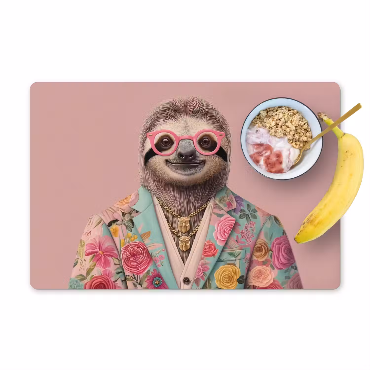 Luiaard - Bloemenprint - Bril - Roze Placemat vinyl groot -zzzproduct_Kitchenyeah-website