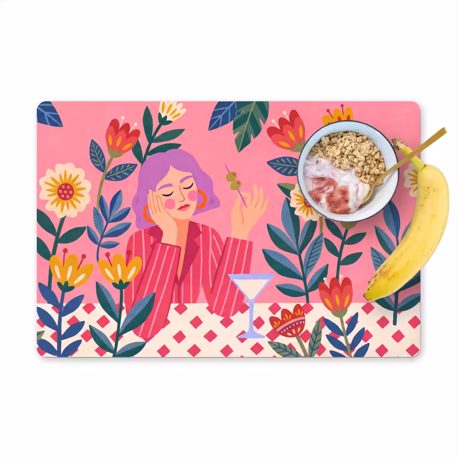 Vrouw - Cocktail - Bloemen - Modern - Roze Placemat vinyl groot -zzzproduct_Kitchenyeah-website