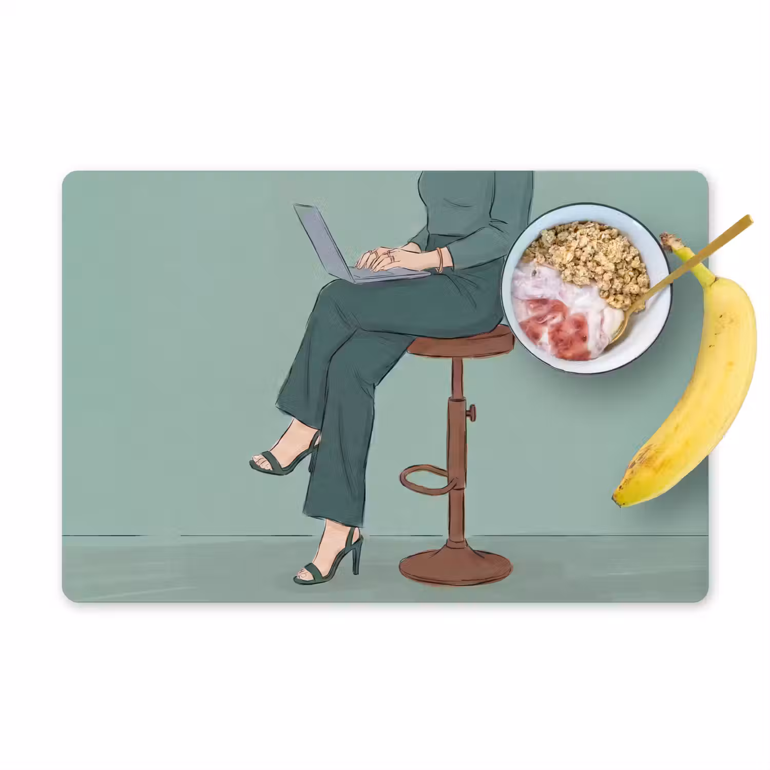 Vrouw - Laptop - Zittend - Illustratie - Groen Placemat vinyl groot -zzzproduct_Kitchenyeah-website