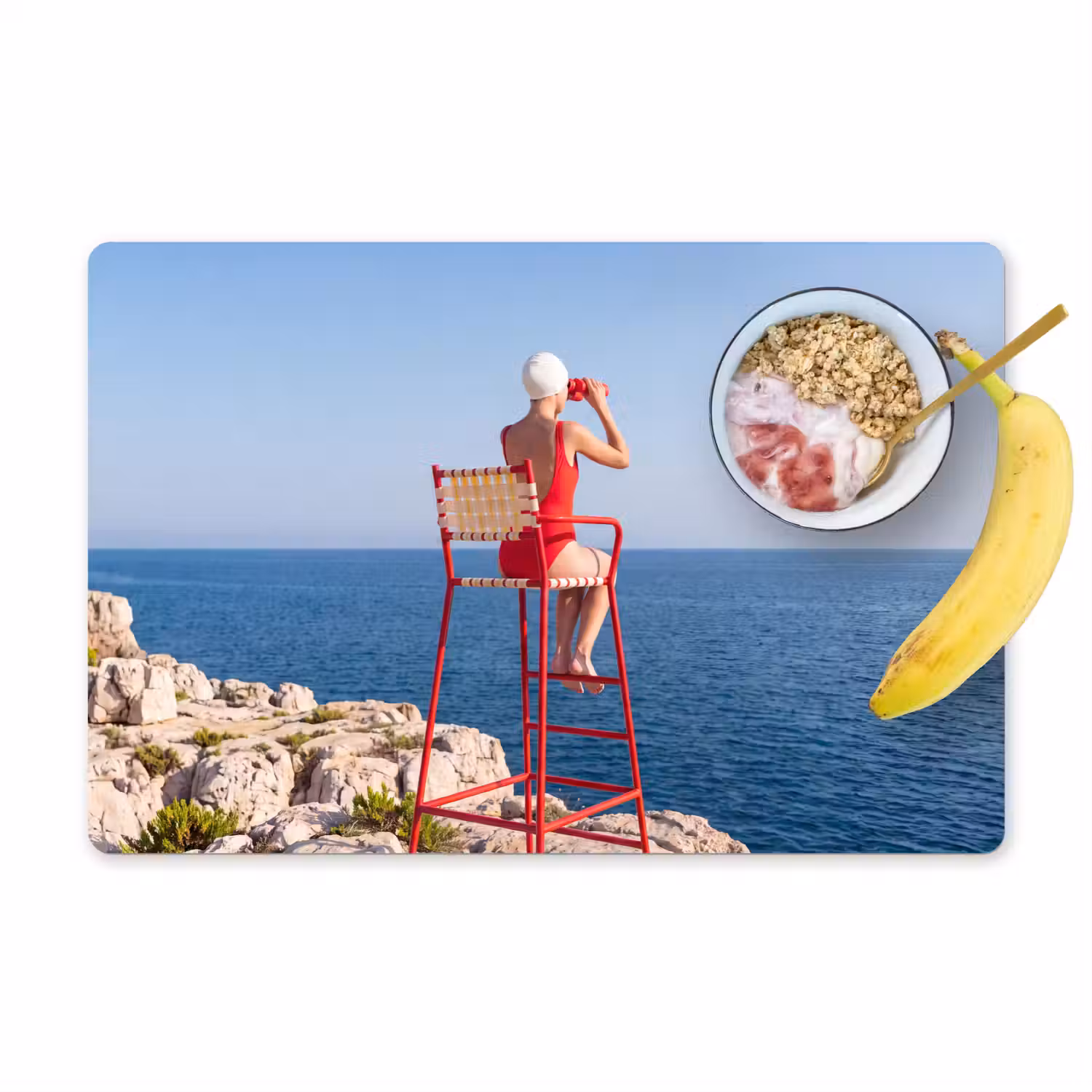 Vrouw - Zee - Kust - Verrekijker - Rood Placemat vinyl groot -zzzproduct_Kitchenyeah-website