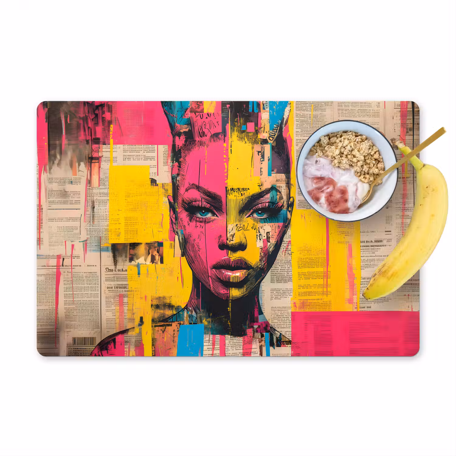 Vrouwengezicht - Krantenpapier - Abstract - Roze Placemat vinyl groot -zzzproduct_Kitchenyeah-website