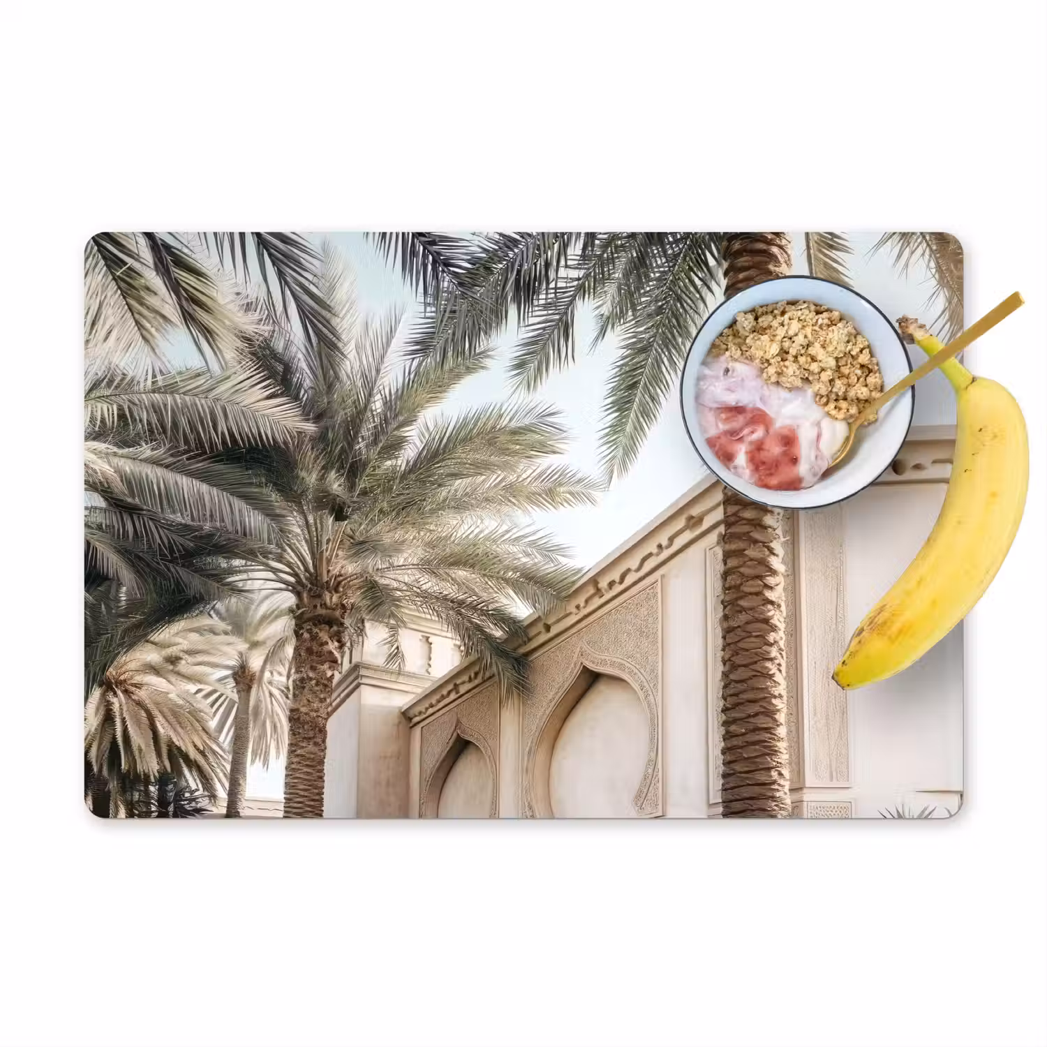 Gebouw - Palmbomen - Beige - Zon Placemat vinyl groot -zzzproduct_Kitchenyeah-website