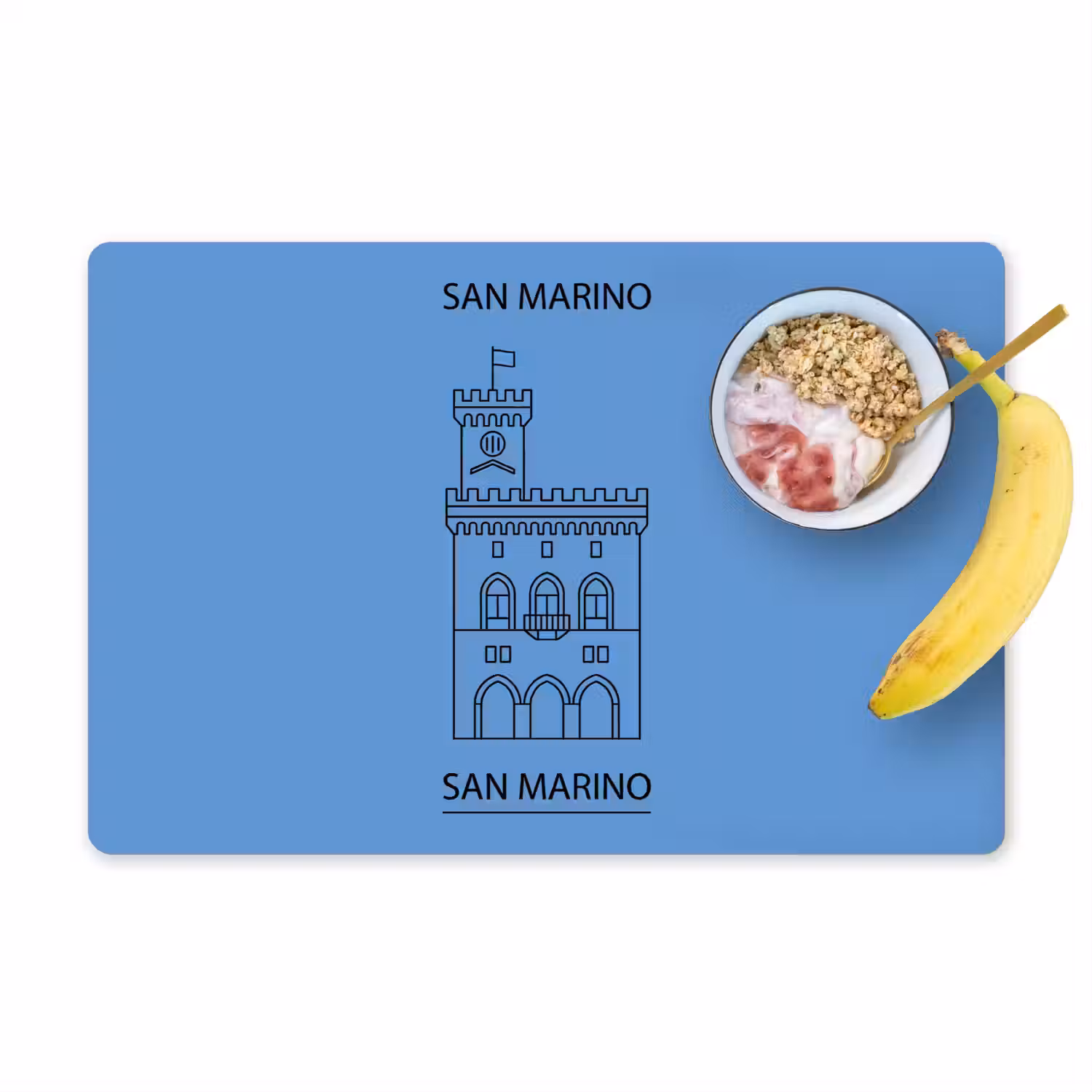 Gebouw - San Marino - Architectuur - Lijntekening - Blauw Placemat vinyl groot -zzzproduct_Kitchenyeah-website